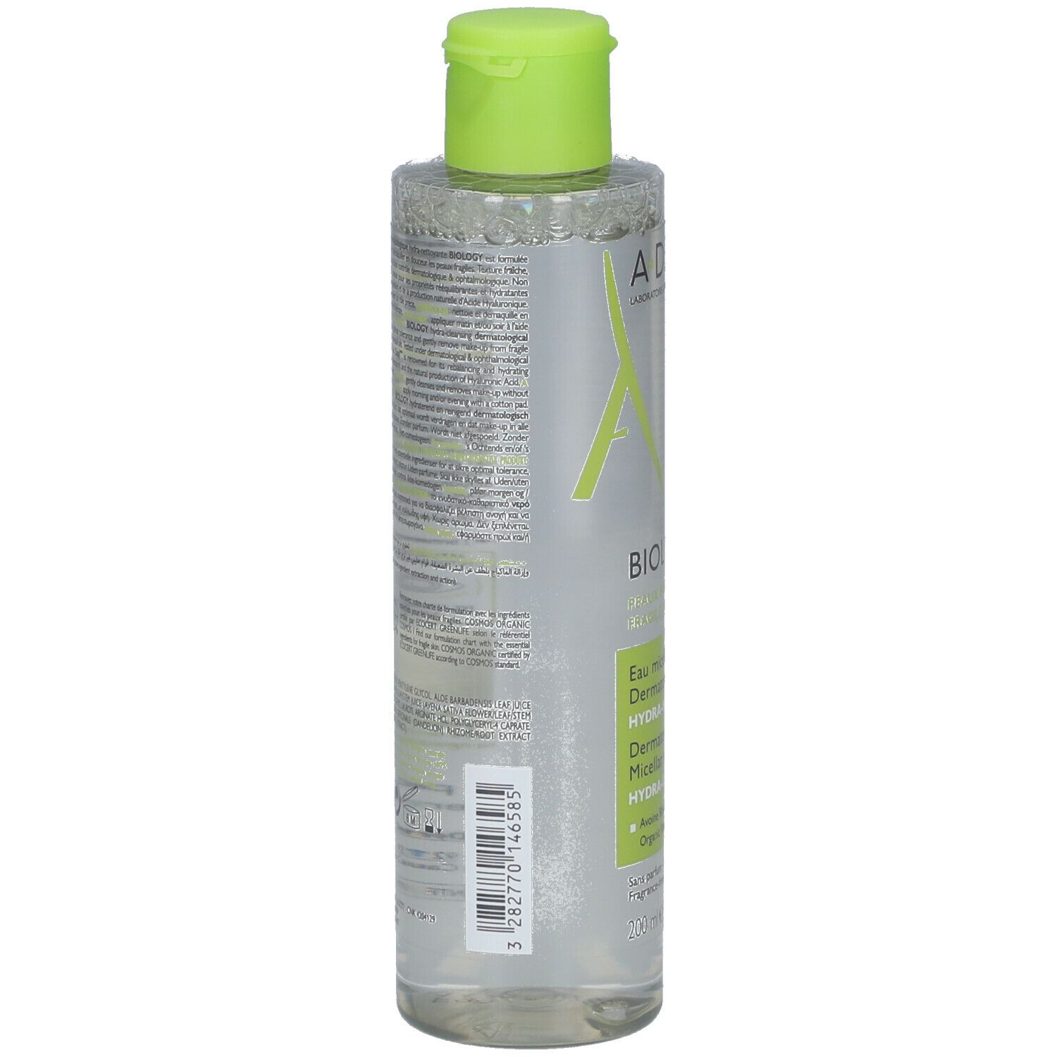 Rückseite der A-DERMA BIOLOGY Mizellenwasser-Flasche. Text in mehreren Sprachen. Grüner Aufkleber mit Inhaltsstoffen.