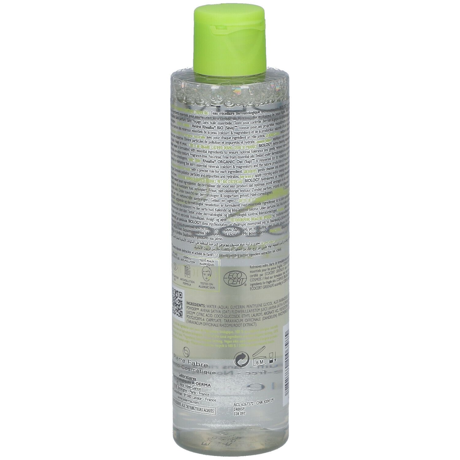 Rückseite der A-DERMA BIOLOGY Mizellenwasser-Flasche. Text in mehreren Sprachen. Grüner Aufkleber mit Inhaltsstoffen.