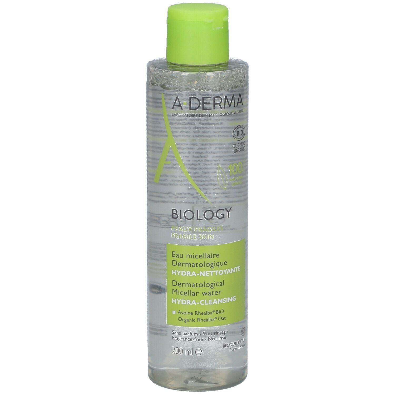 A-DERMA BIOLOGY Mizellenwasser. Flasche mit grünem Deckel. Aufschrift: Biology, Hydra-Cleansing, 200 ml.