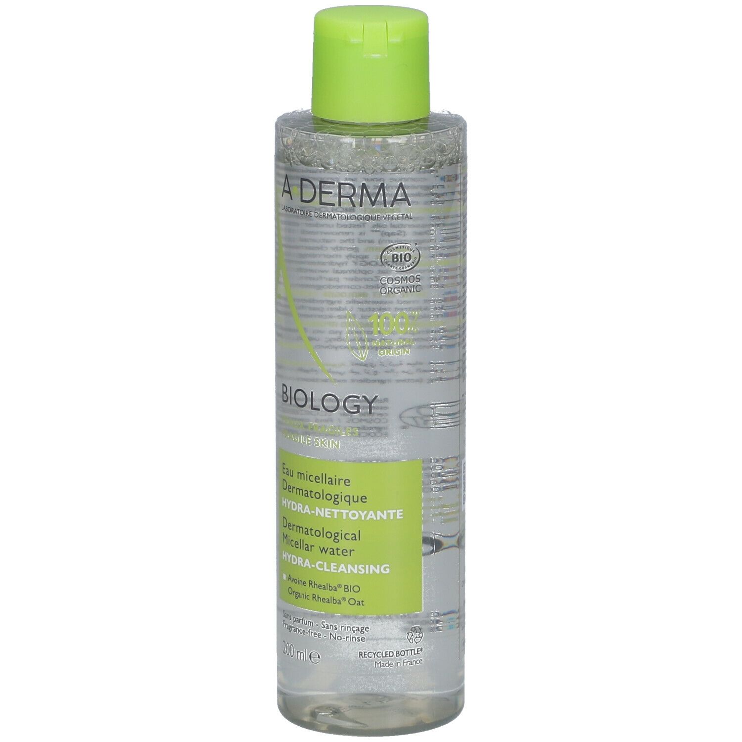 A-DERMA BIOLOGY Mizellenwasser. Flasche mit grünem Deckel. Aufschrift: Biology, Hydra-Cleansing, 200 ml.