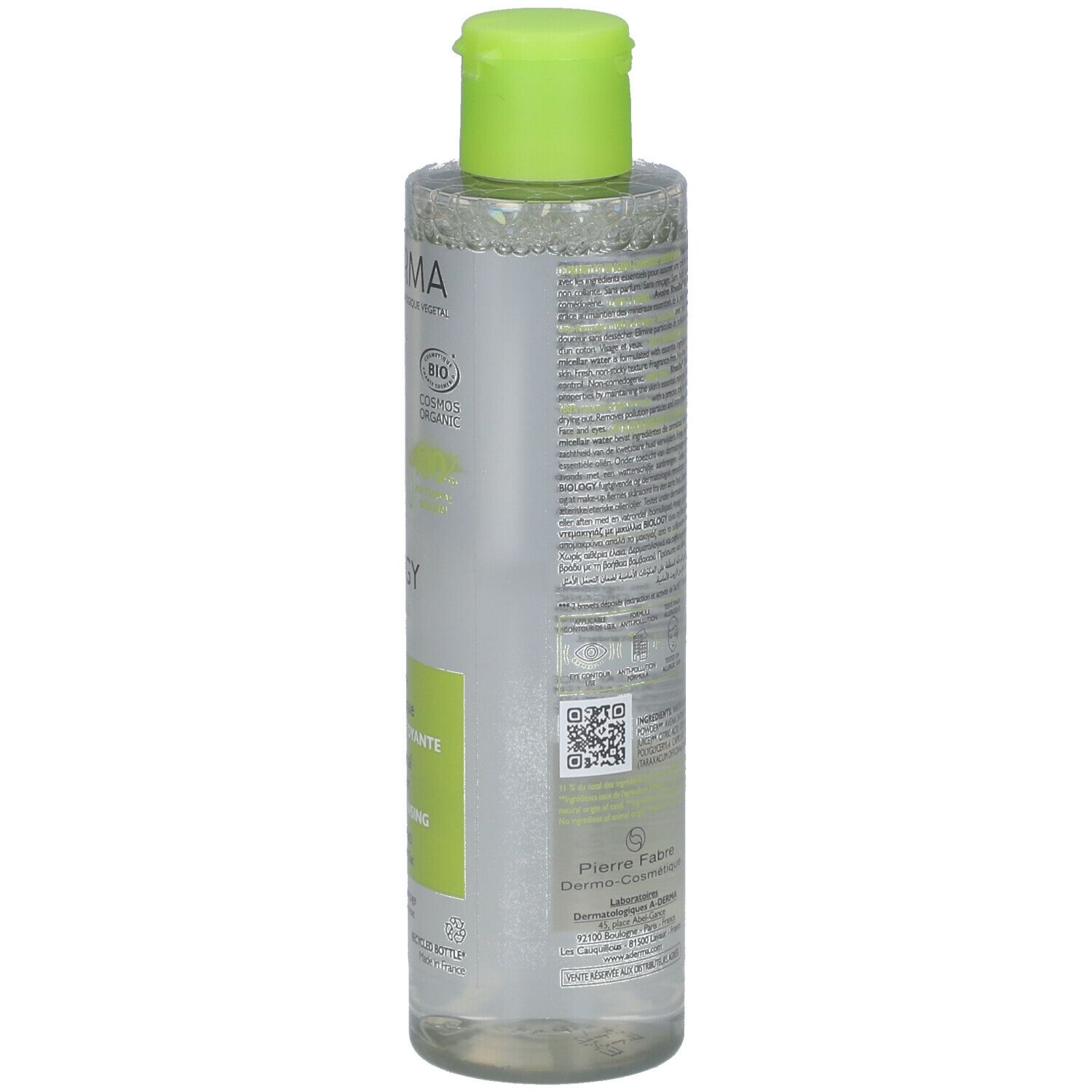 Rückseite der A-DERMA BIOLOGY Mizellenwasser-Flasche. Text in mehreren Sprachen. Grüner Aufkleber mit Inhaltsstoffen.