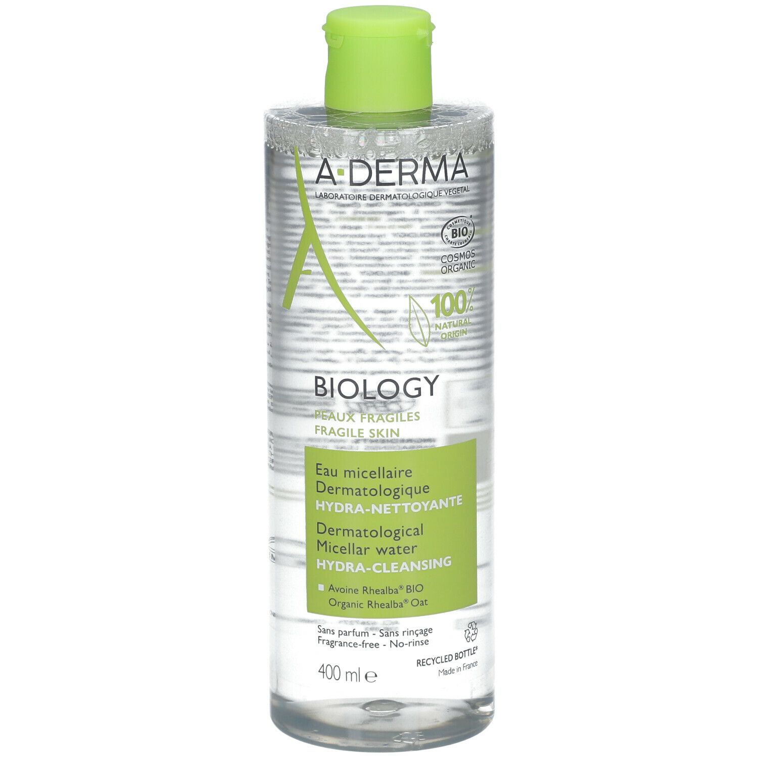 A-DERMA BIOLOGY Mizellenwasser-Flasche. Grüne und weiße Verpackung. Text: Hydra-Cleansing, 400 ml.