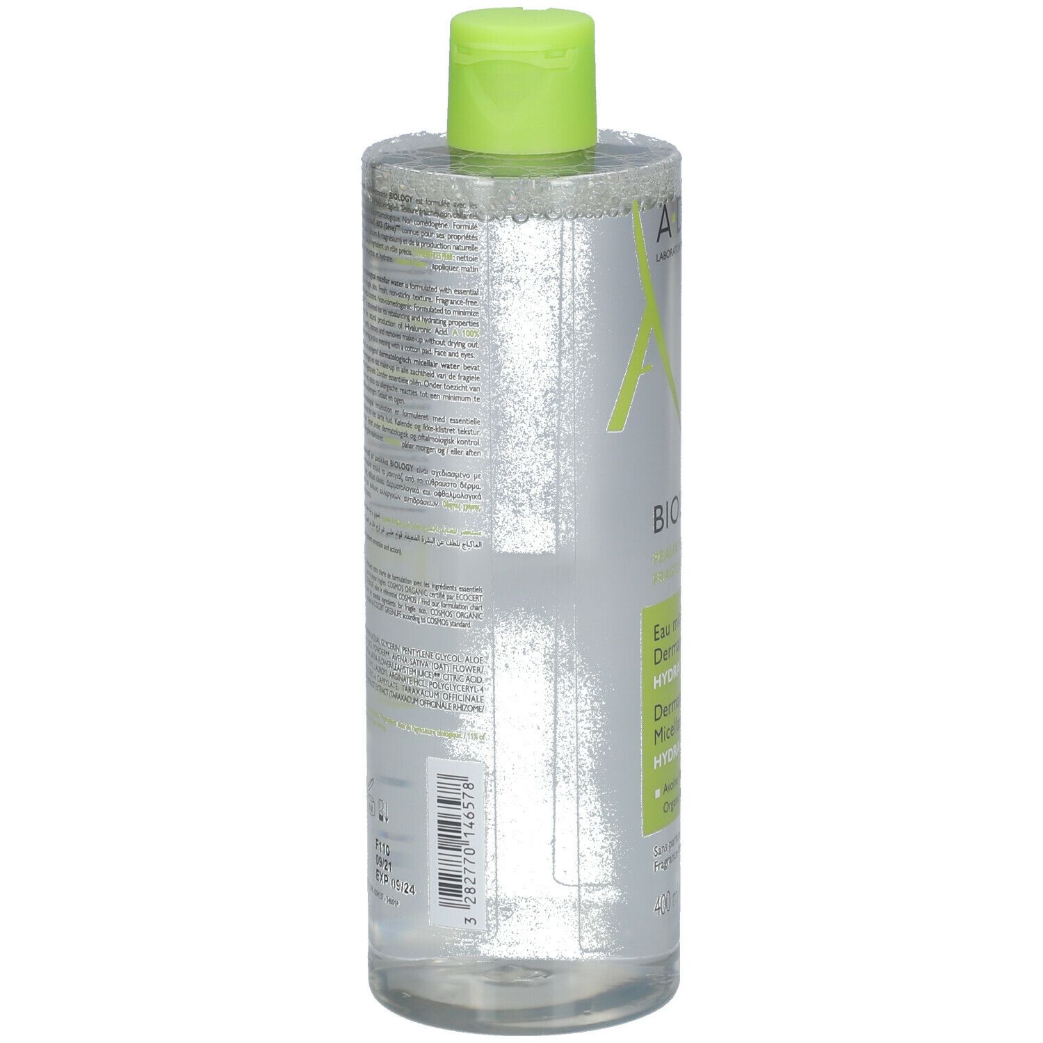 A-DERMA BIOLOGY Mizellenwasser-Flasche. Rückseite. Text und Logos auf weißem Hintergrund. Grüne Akzente.
