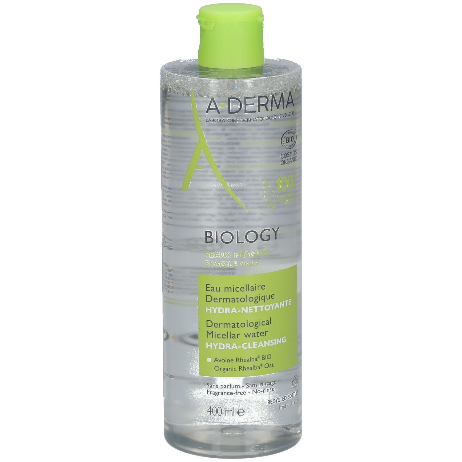 A-DERMA BIOLOGY Mizellenwasser-Flasche. Vorderseite. Grüne und weiße Verpackung. Text: Hydra-Cleansing, 400 ml.