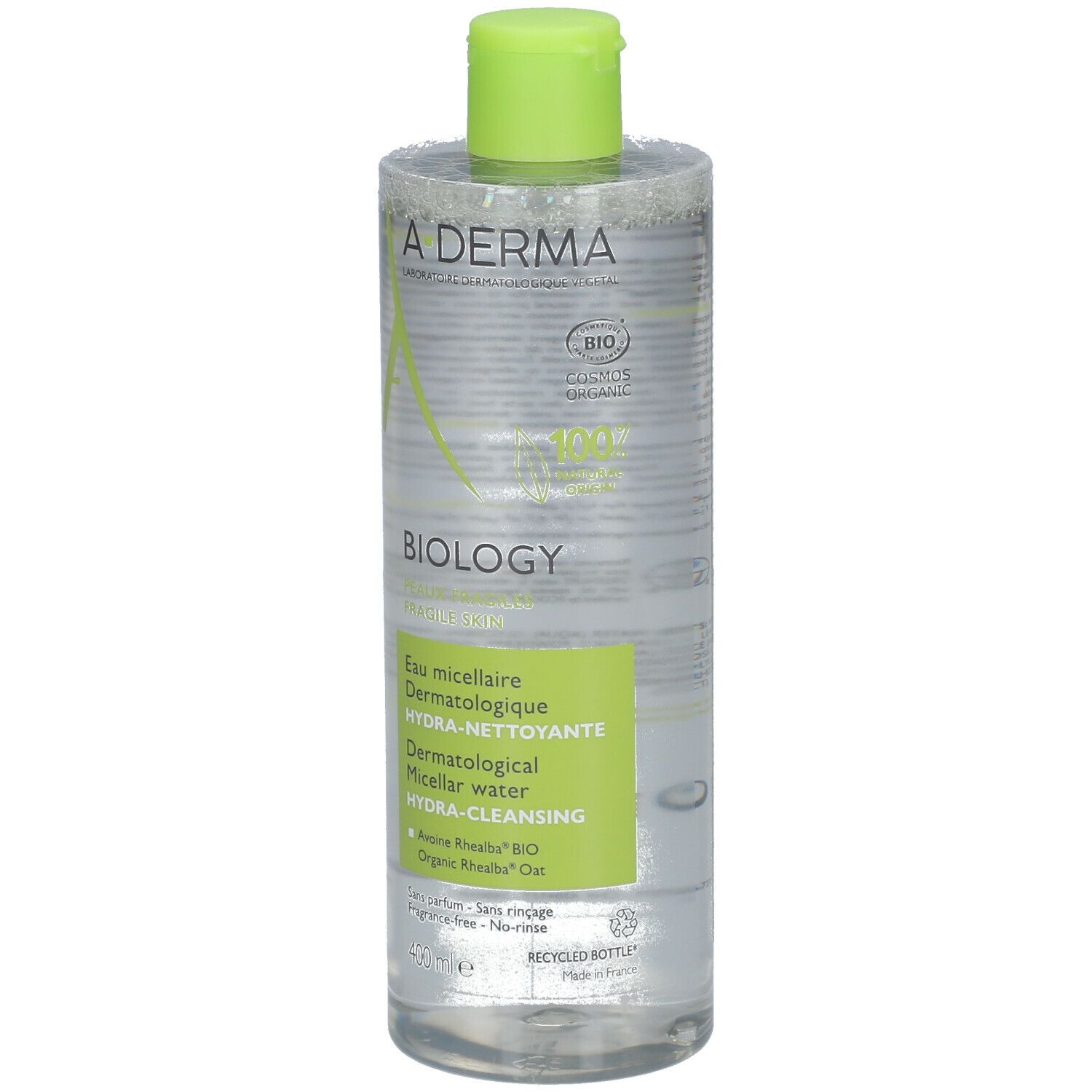 A-DERMA BIOLOGY Mizellenwasser-Flasche. Vorderseite. Grüne und weiße Verpackung. Text: Hydra-Cleansing, 400 ml.