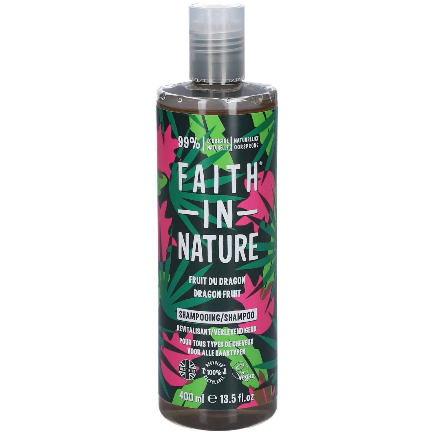 Shampoo-Flasche mit FAITH IN NATURE-Logo. Aufschrift: Fruit du Dragon, Dragon Fruit. 400 ml. Mit recyceltem Logo.