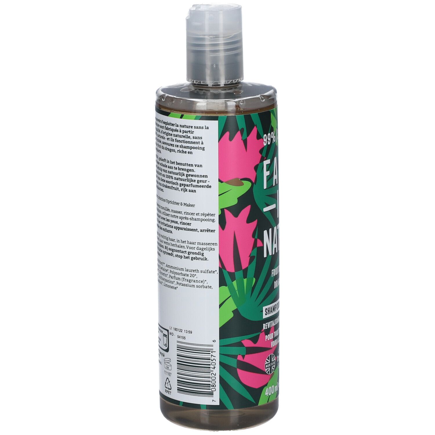 Rückseite der Shampoo-Flasche. Text in mehreren Sprachen. Inhaltsstoffe und Herstellerinformationen.