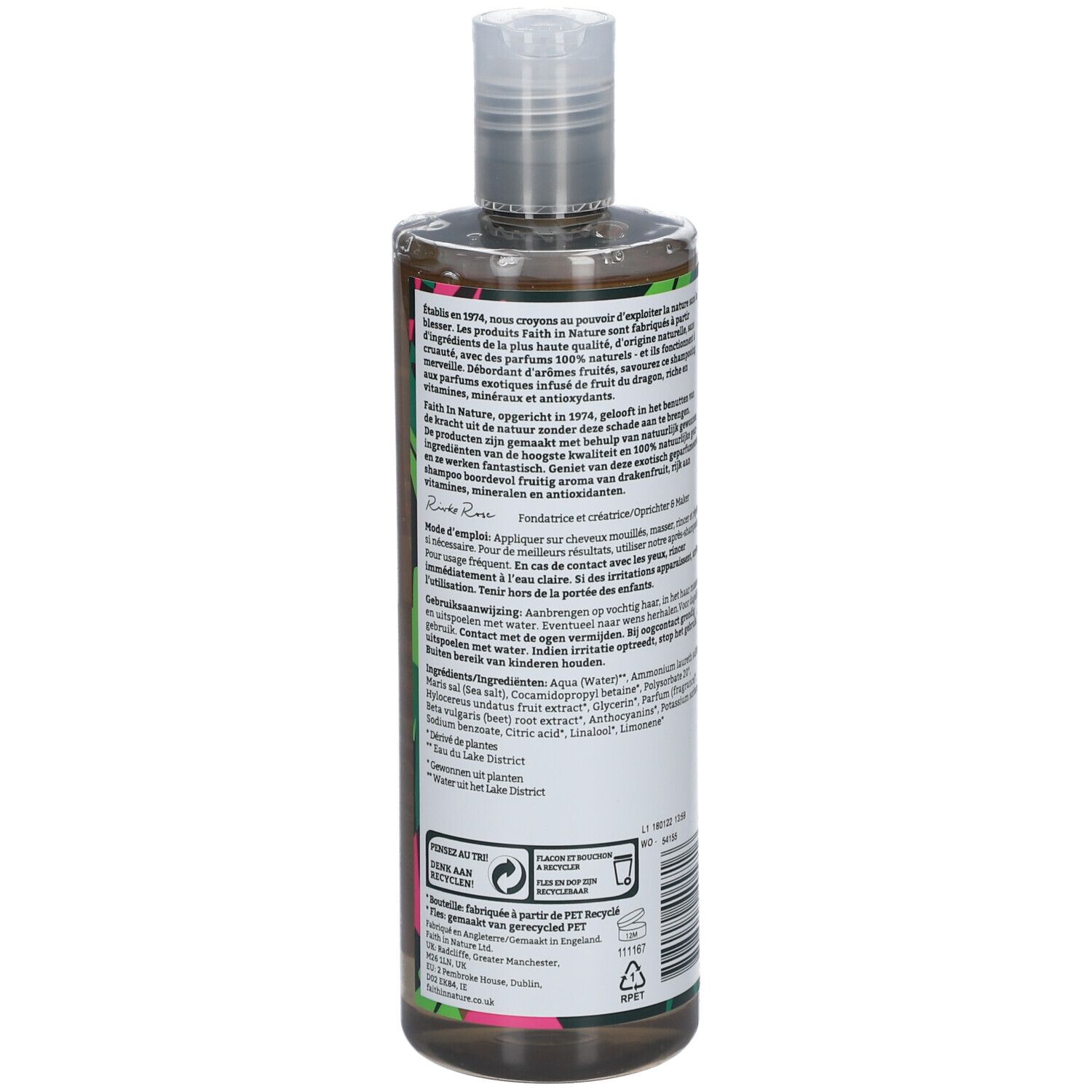 Rückseite der Shampoo-Flasche. Text in mehreren Sprachen. Anwendungshinweise und Inhaltsstoffe.