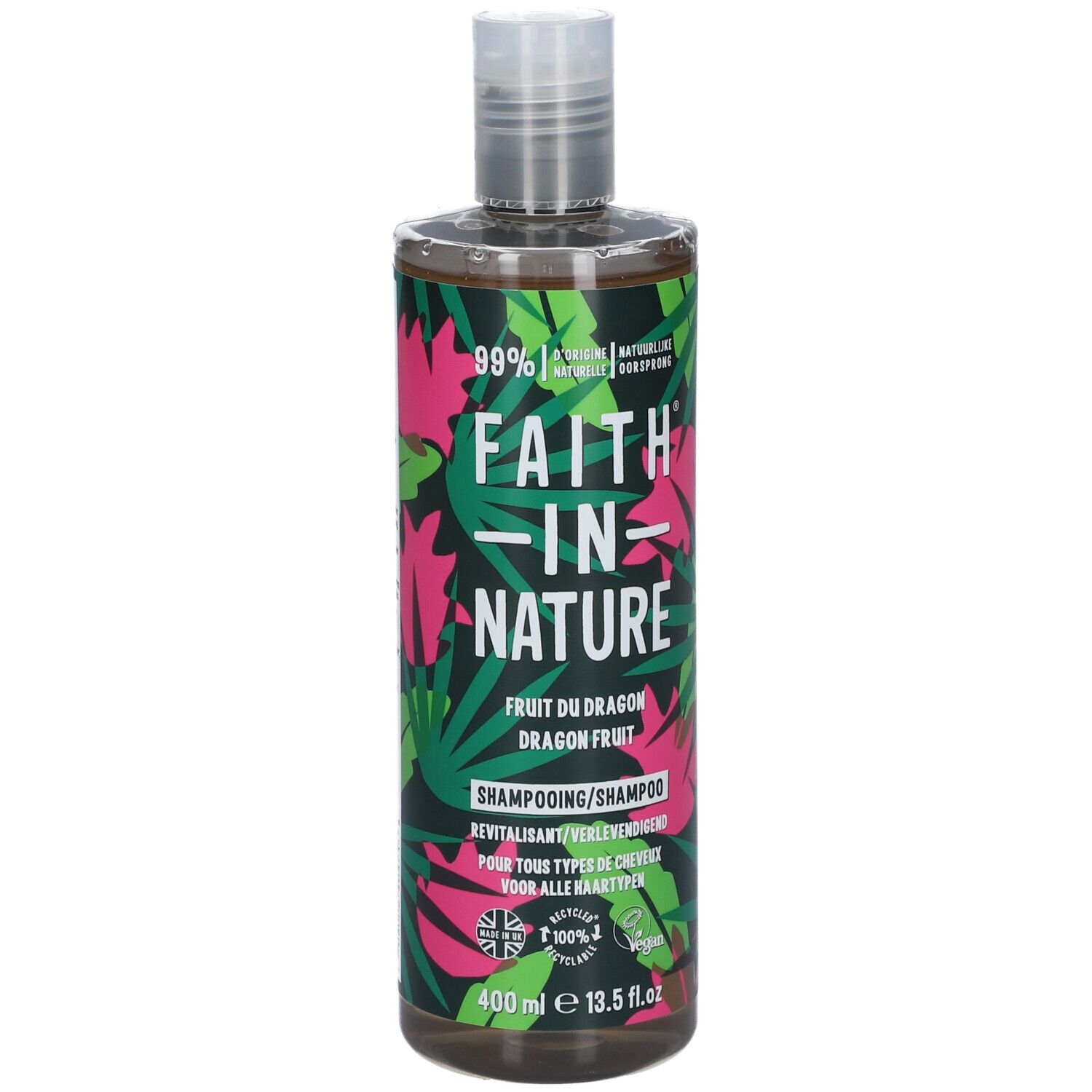 Shampoo-Flasche mit FAITH IN NATURE-Logo. Aufschrift: Fruit du Dragon, Dragon Fruit. 400 ml. Mit recyceltem Logo.