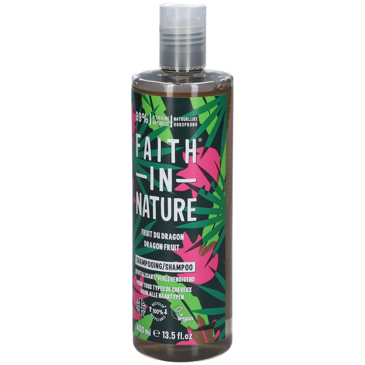 Shampoo-Flasche mit FAITH IN NATURE-Logo. Aufschrift: Fruit du Dragon, Dragon Fruit. 400 ml. Mit recyceltem Logo.