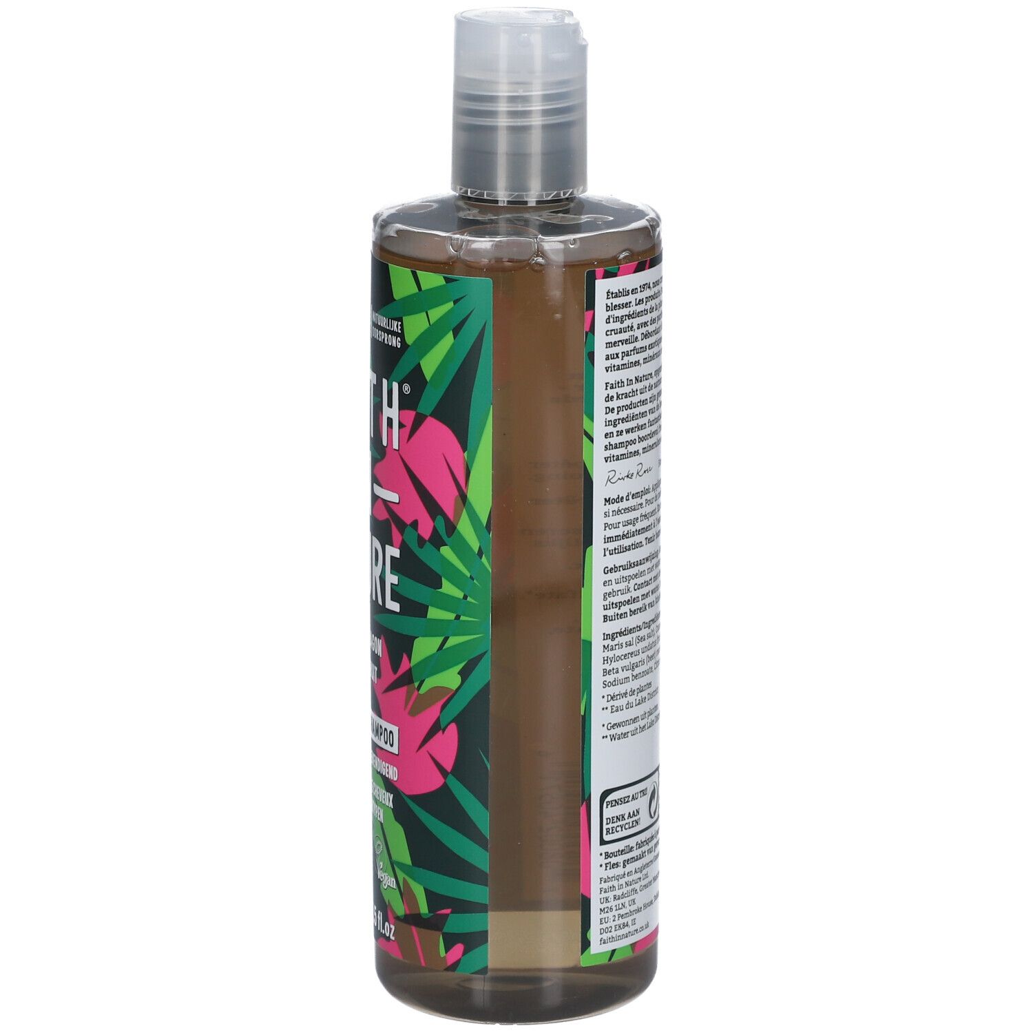 Rückseite der Shampoo-Flasche. Text in mehreren Sprachen. Inhaltsstoffe und Herstellerinformationen.
