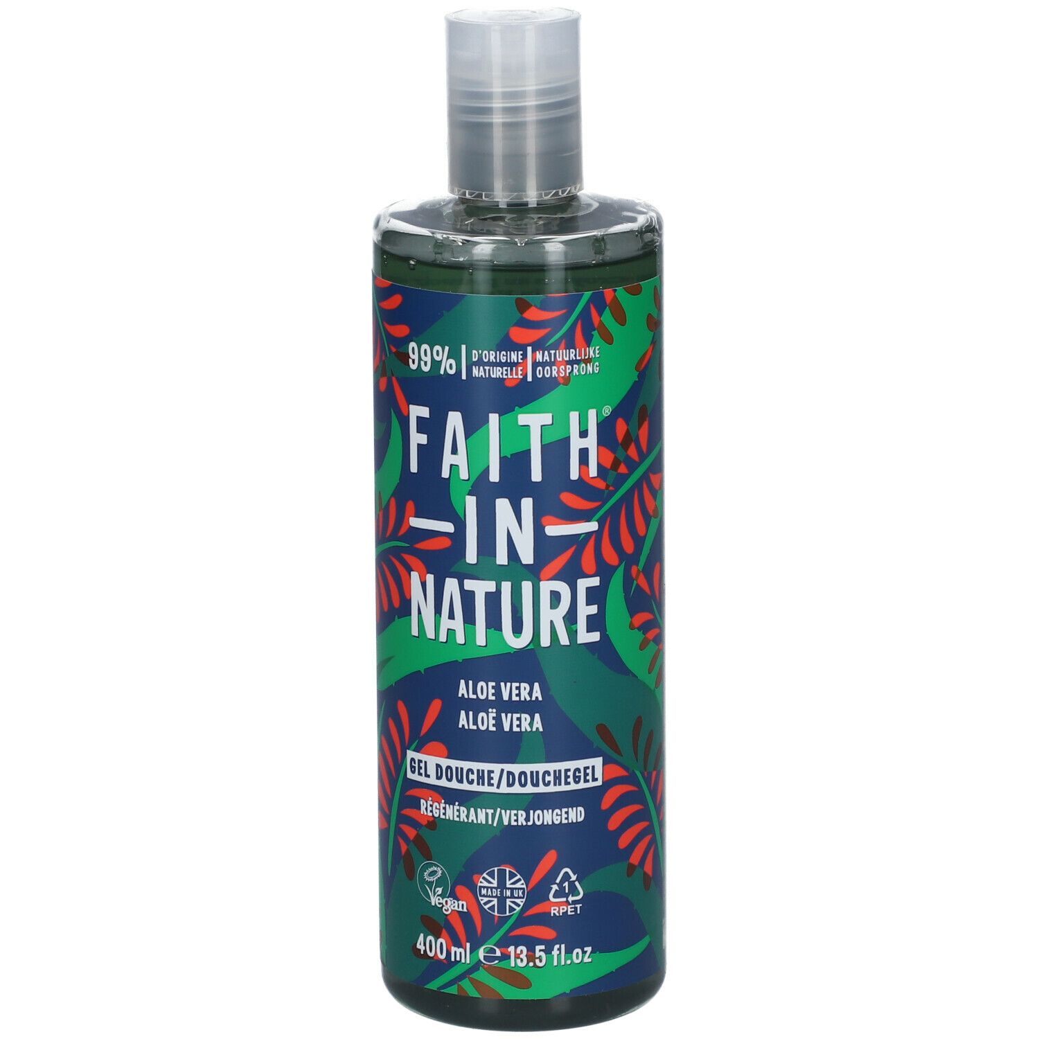 Flacon vert de gel douche FAITH IN NATURE. Étiquette Aloe Vera, 400 ml, vegan.