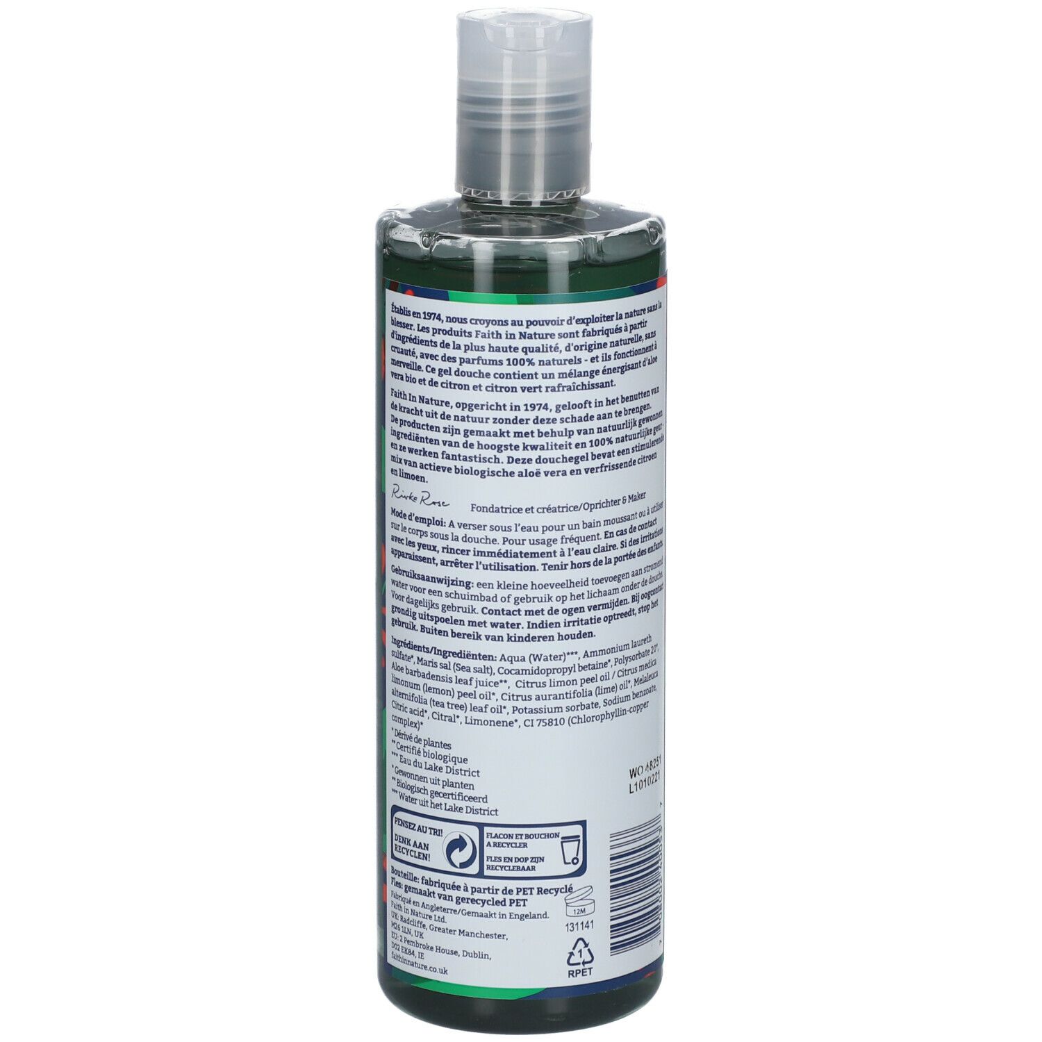 Vue arrière du flacon de gel douche FAITH IN NATURE vert. Texte, ingrédients, logo de recyclage.