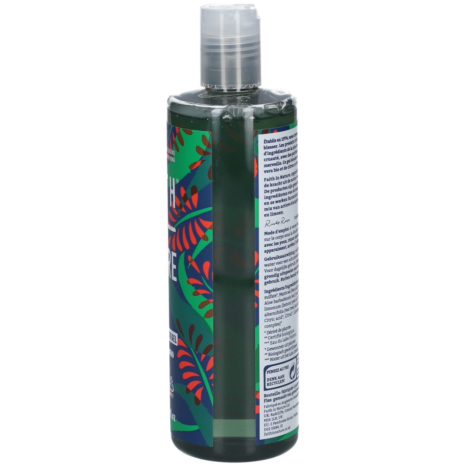 Dos du flacon de gel douche FAITH IN NATURE vert. Texte multilingue, vegan.