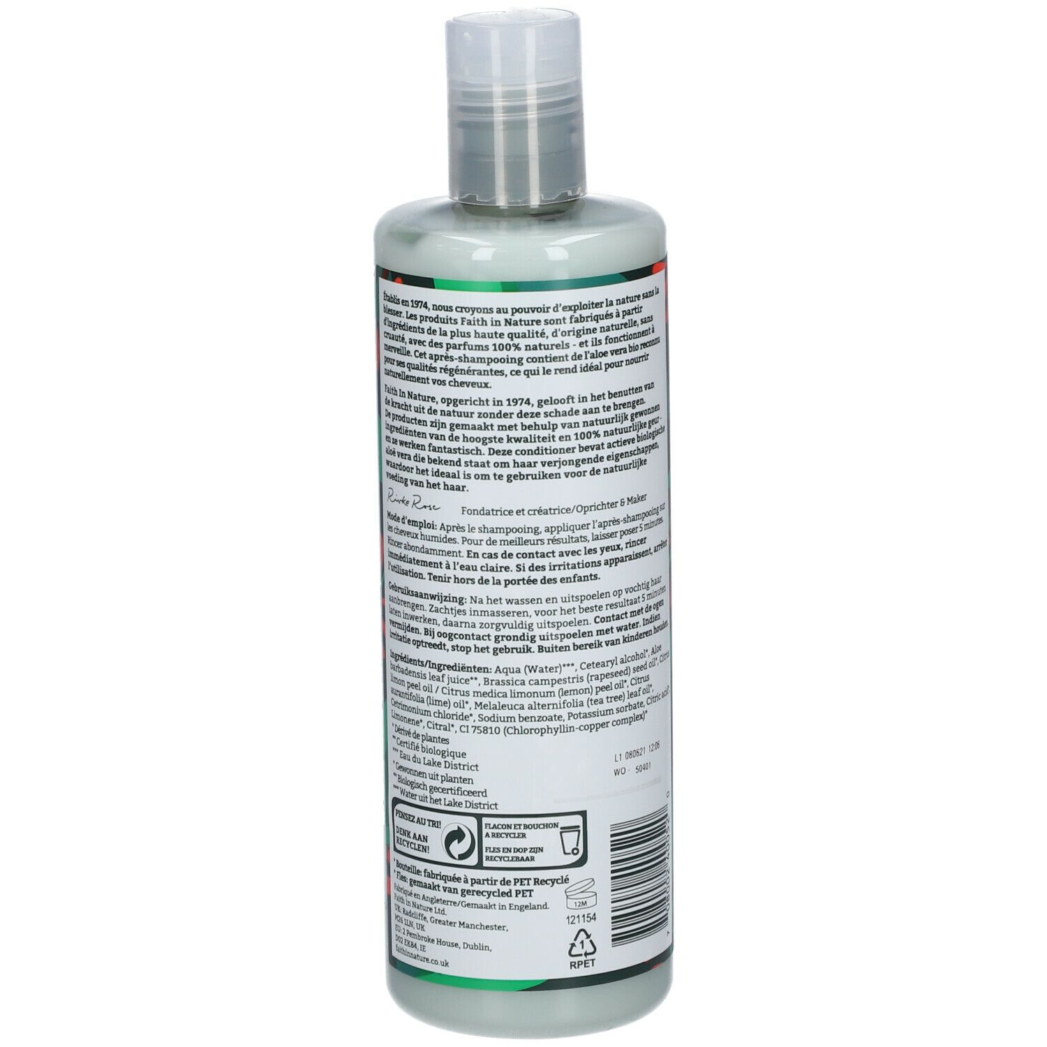 Rückseite der Conditioner-Flasche. Text in mehreren Sprachen. Enthält Informationen zu Inhaltsstoffen und Recycling.