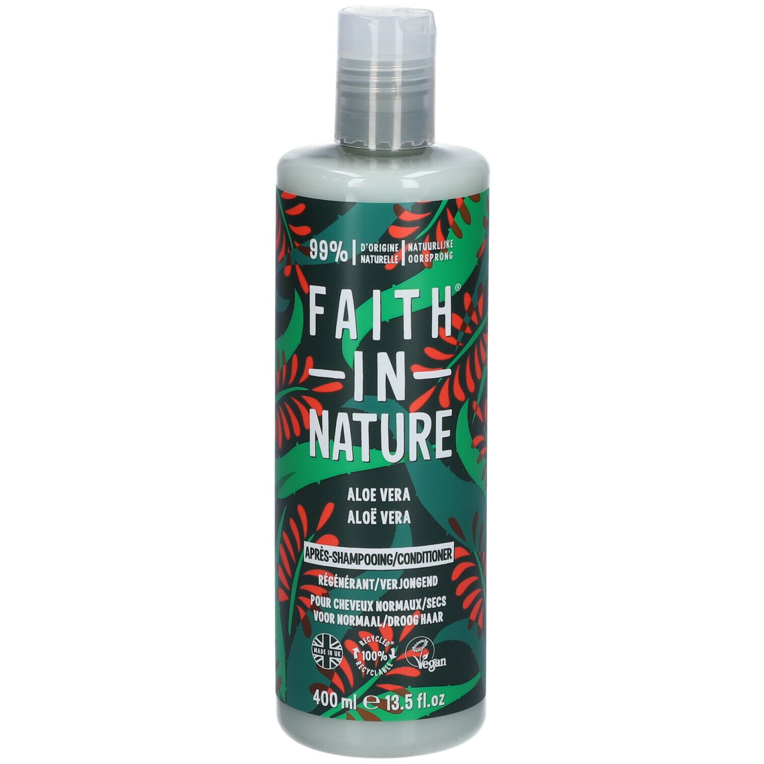 Conditioner-Flasche mit grünem Inhalt. Aufschrift: FAITH IN NATURE, Aloe Vera. 400 ml. Mit grünen und roten Blättern dekoriert.
