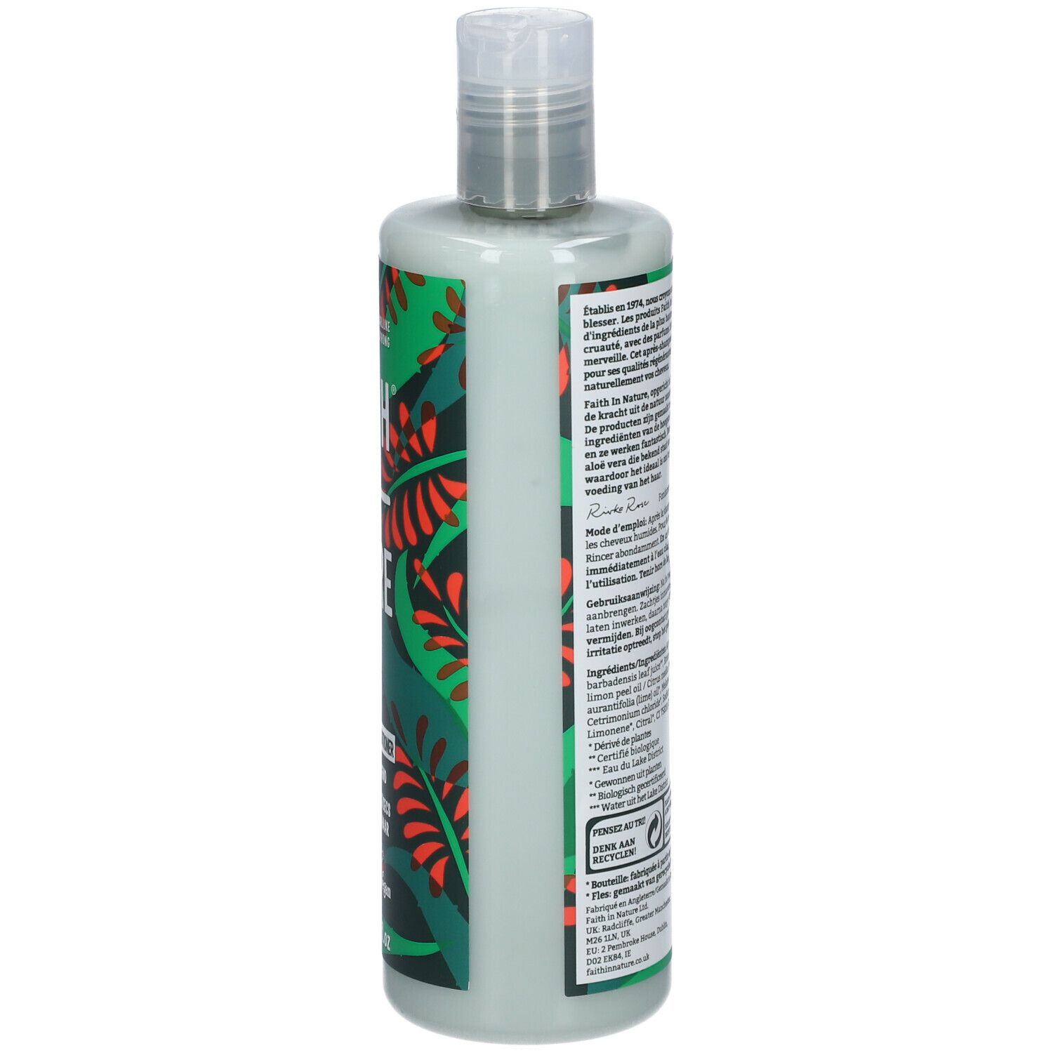 Seite der Conditioner-Flasche. Aufschrift: FAITH IN NATURE, Aloe Vera. Mit grünen und roten Blättern dekoriert. Vegan-Siegel.