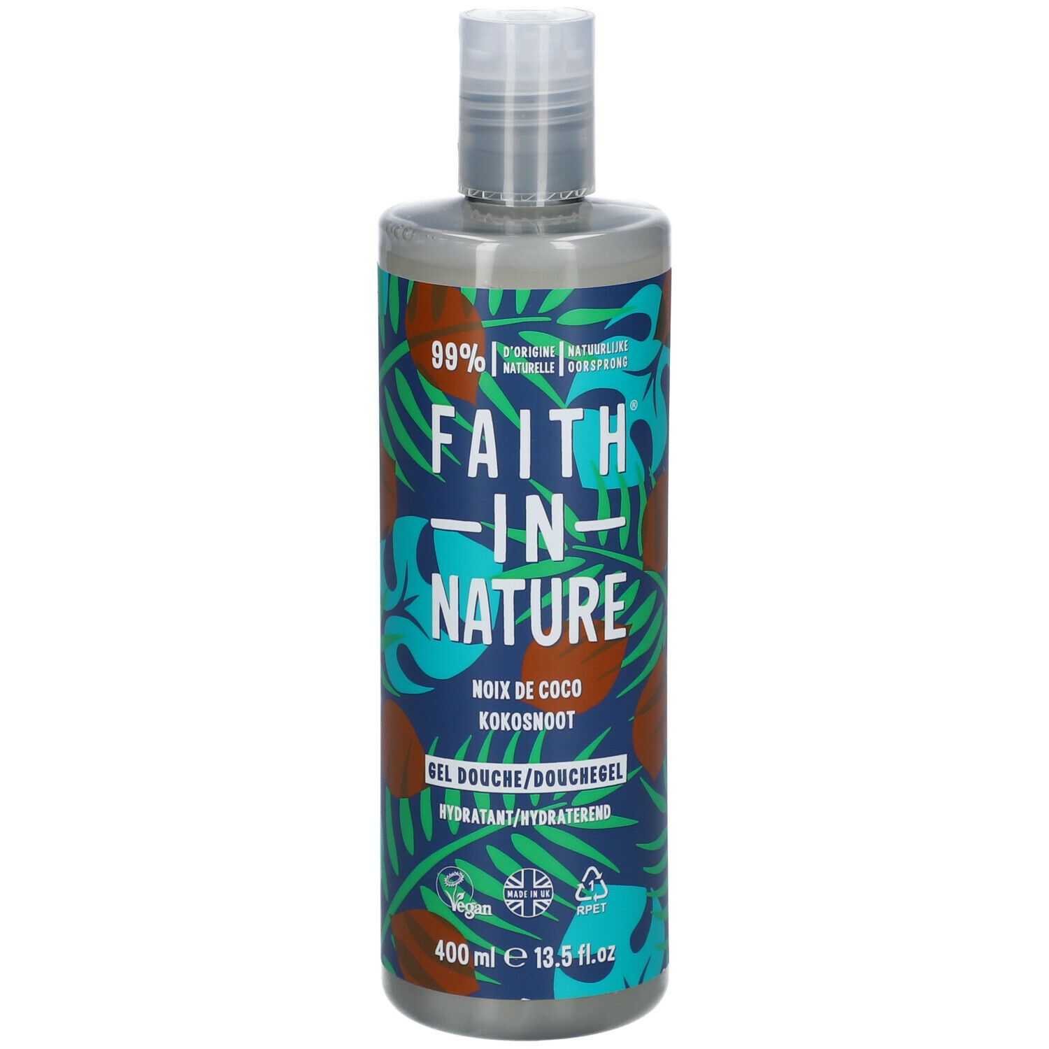 Flasche mit grün-blauem Muster. Aufschrift: FAITH IN NATURE, Kokosnuss. Vegan-Siegel. 400 ml.