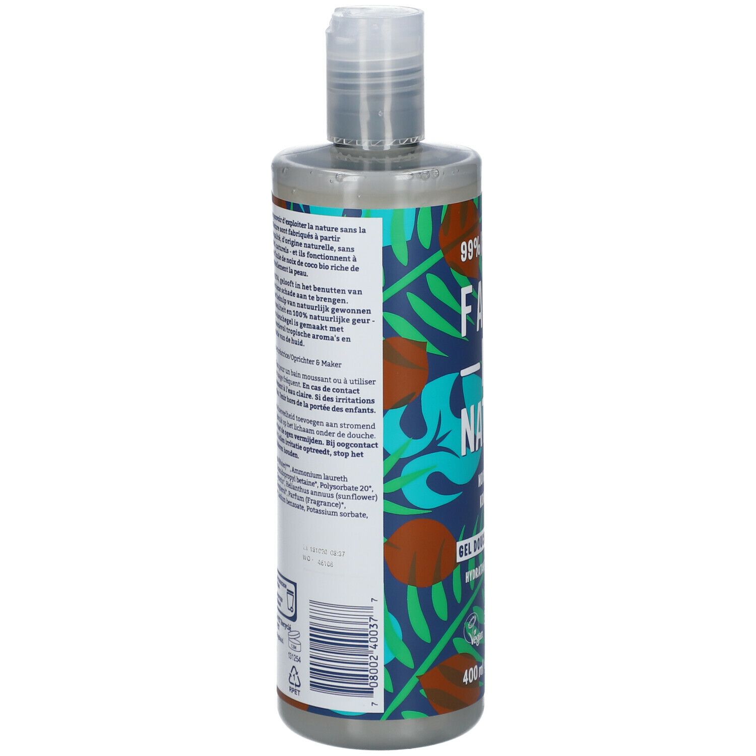 Rückseite der Flasche. Text in mehreren Sprachen. 99% natürliche Inhaltsstoffe. Vegan-Siegel. 400 ml.