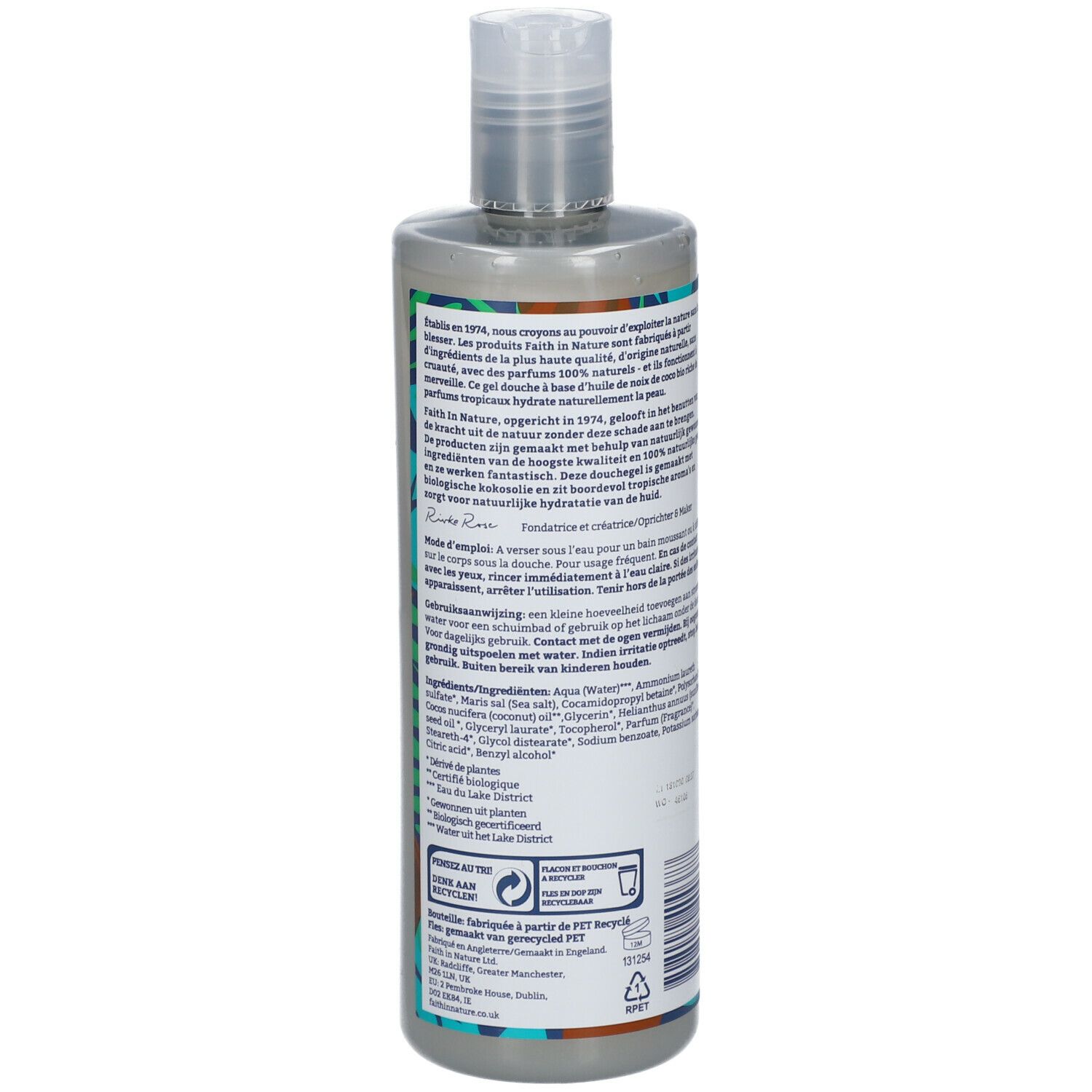 Rückseite der Flasche. Text in mehreren Sprachen. Vegan-Siegel. 400 ml. Hergestellt aus recyceltem PET.