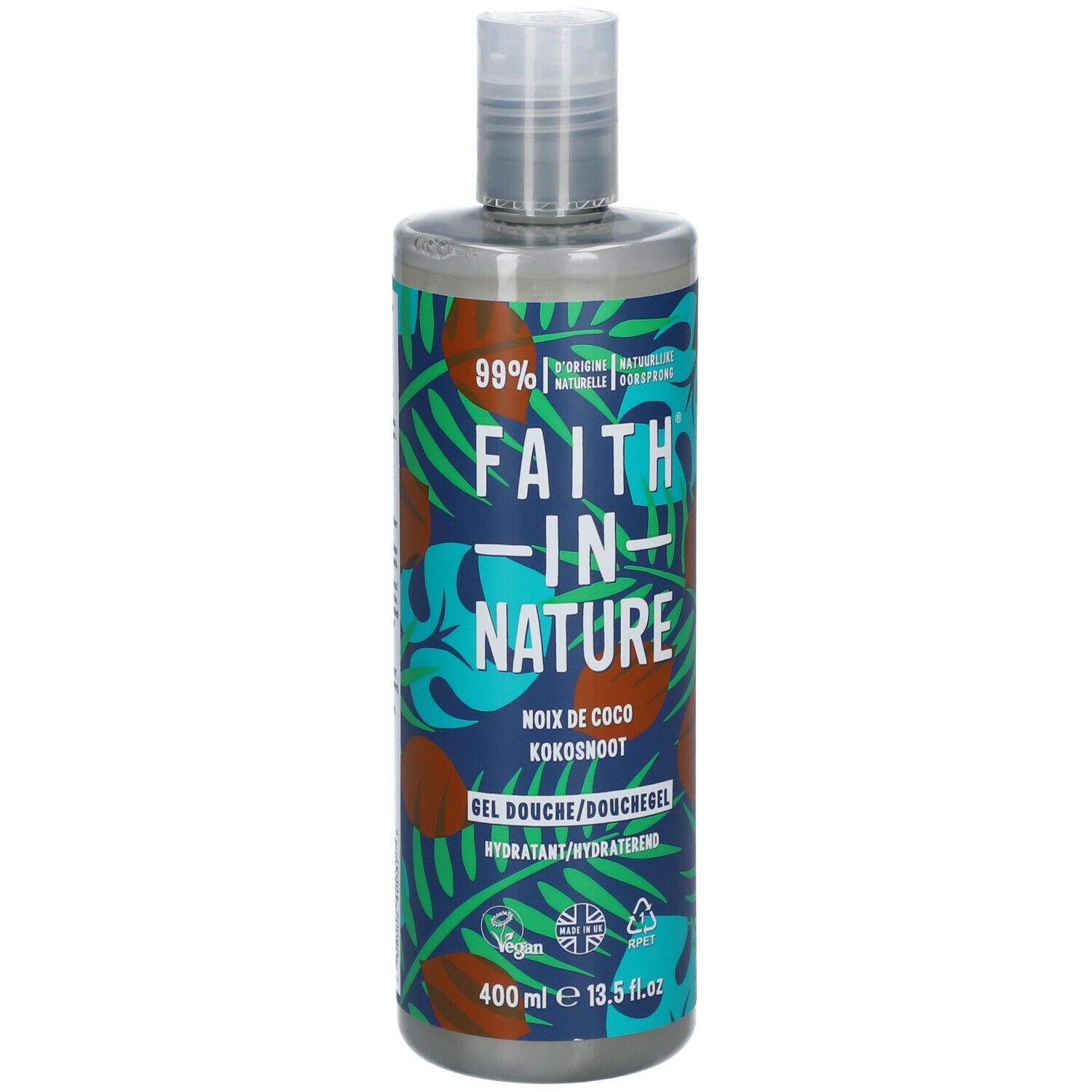 Flasche mit grün-blauem Muster. Aufschrift: FAITH IN NATURE, Kokosnuss. Vegan-Siegel. 400 ml.
