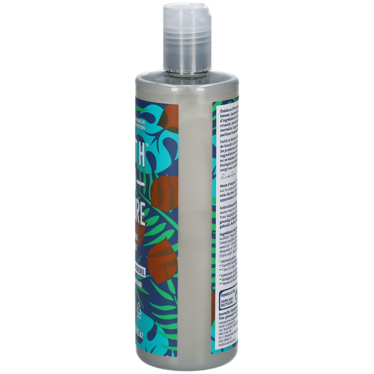 Rückseite der Flasche. Text in mehreren Sprachen. Vegan-Siegel. 400 ml. Hergestellt aus recyceltem PET.