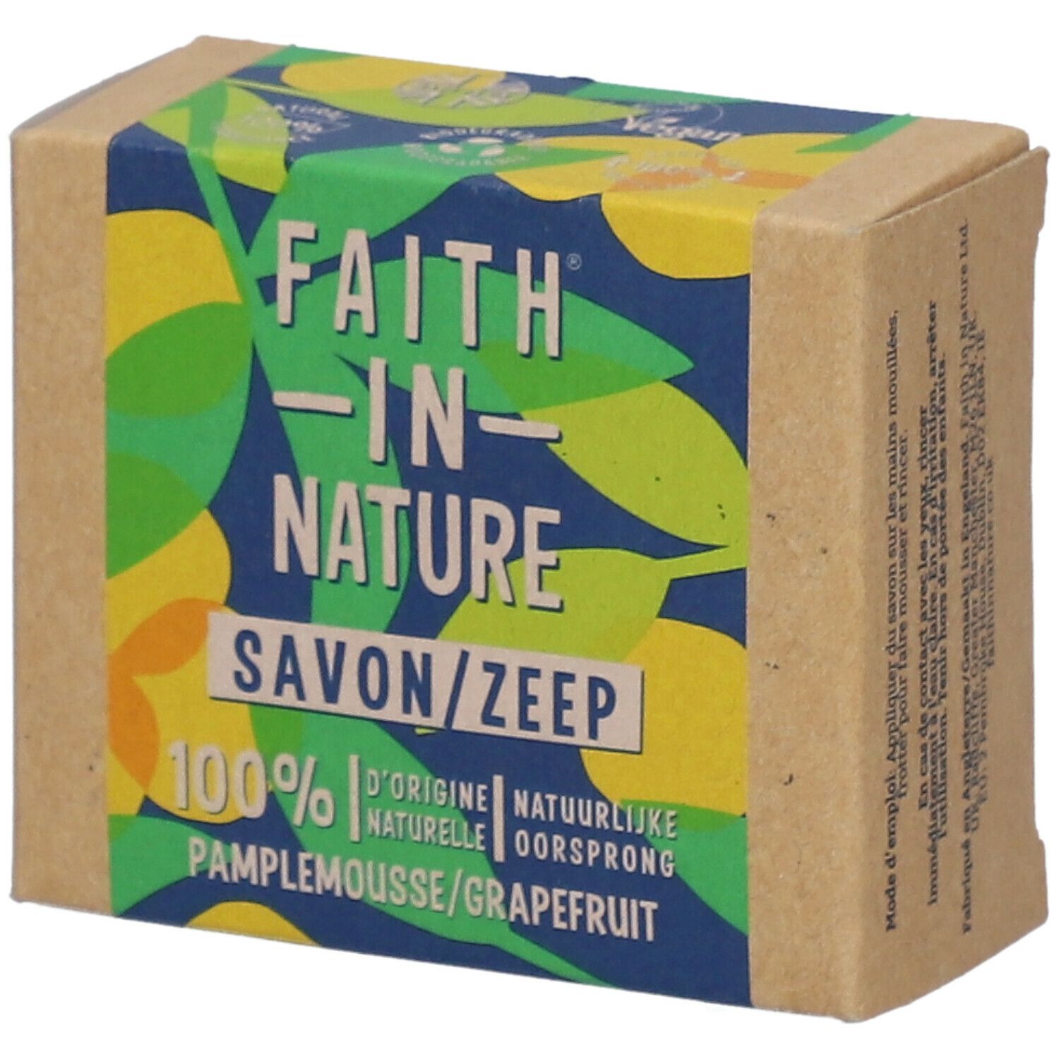 Kartonverpackung mit Aufdruck. Text: FAITH IN NATURE, SAVON/ZEEP, 100% d'origine naturelle, Pamplemousse/Grapefruit.