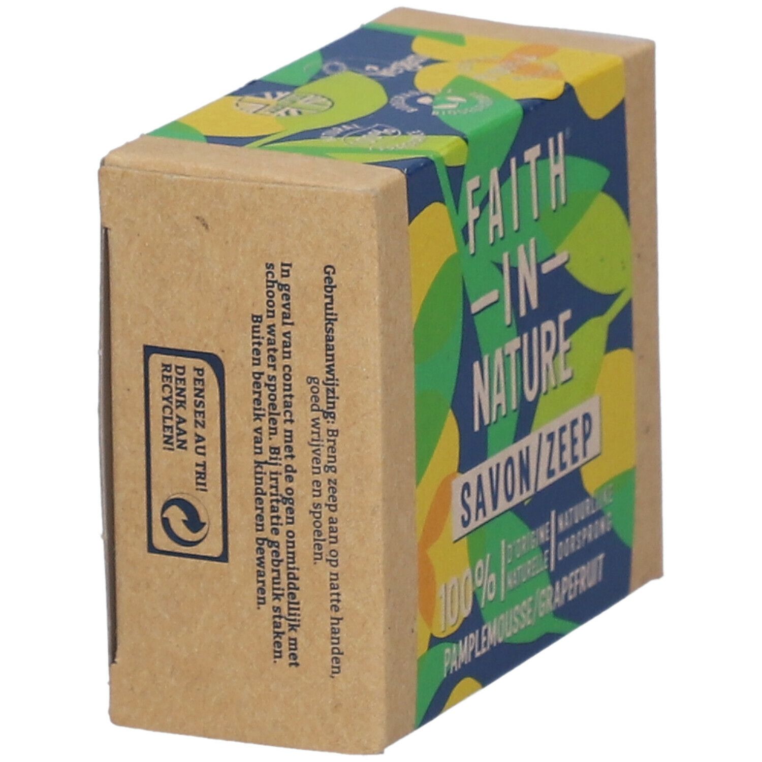 Kartonverpackung, schräg. Text: FAITH IN NATURE, SAVON/ZEEP, 100% d'origine naturelle, Pamplemousse/Grapefruit. Recycling-Symbol.