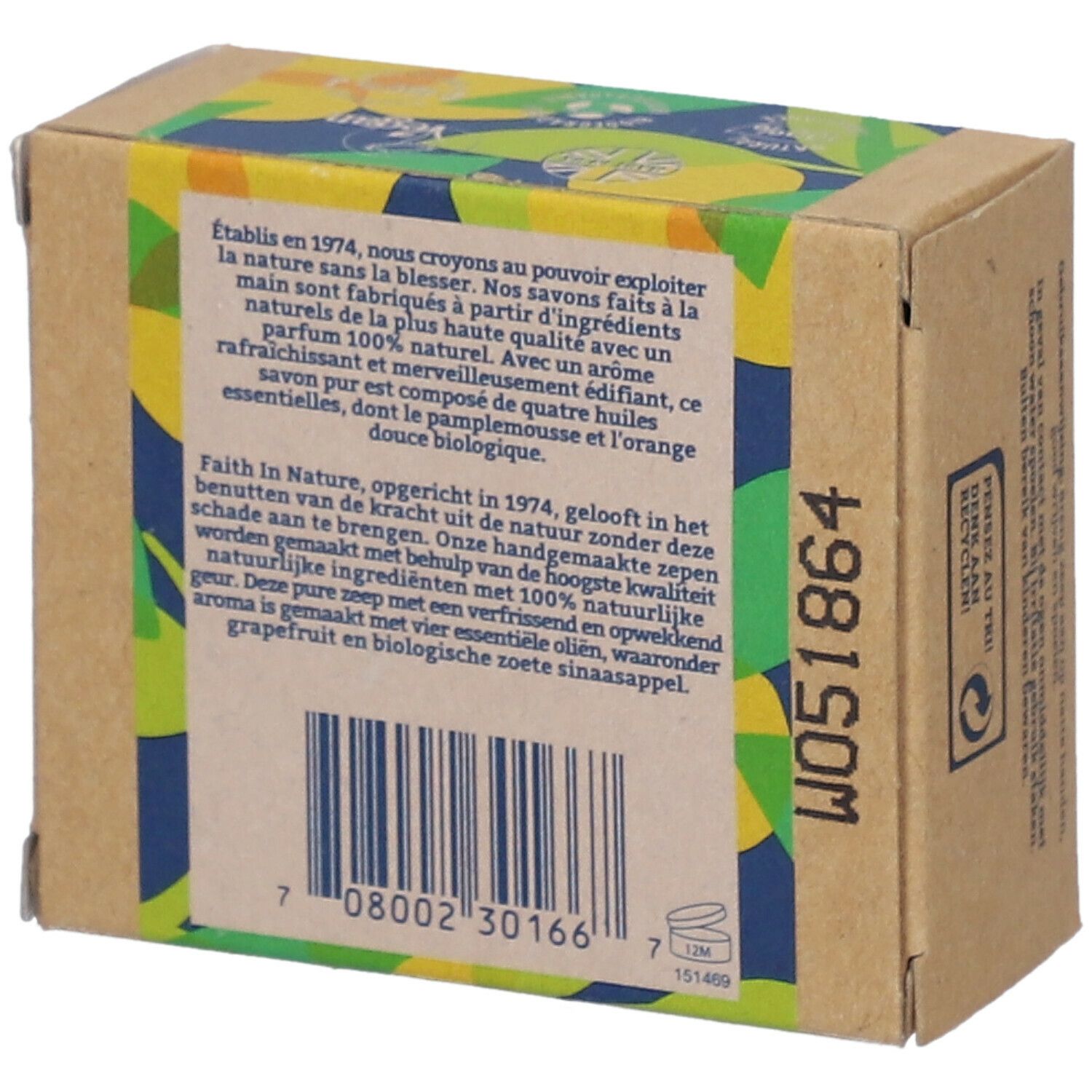 Rückseite der Kartonverpackung. Text und Barcode. Text: FAITH IN NATURE, W051864, 7 8002 30166 5, 12M.