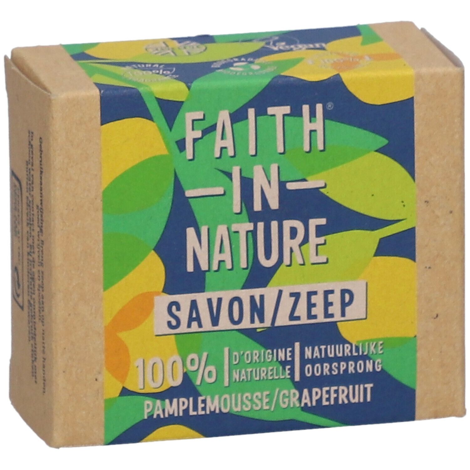 Kartonverpackung mit Aufdruck. Text: FAITH IN NATURE, SAVON/ZEEP, 100% d'origine naturelle, Pamplemousse/Grapefruit.