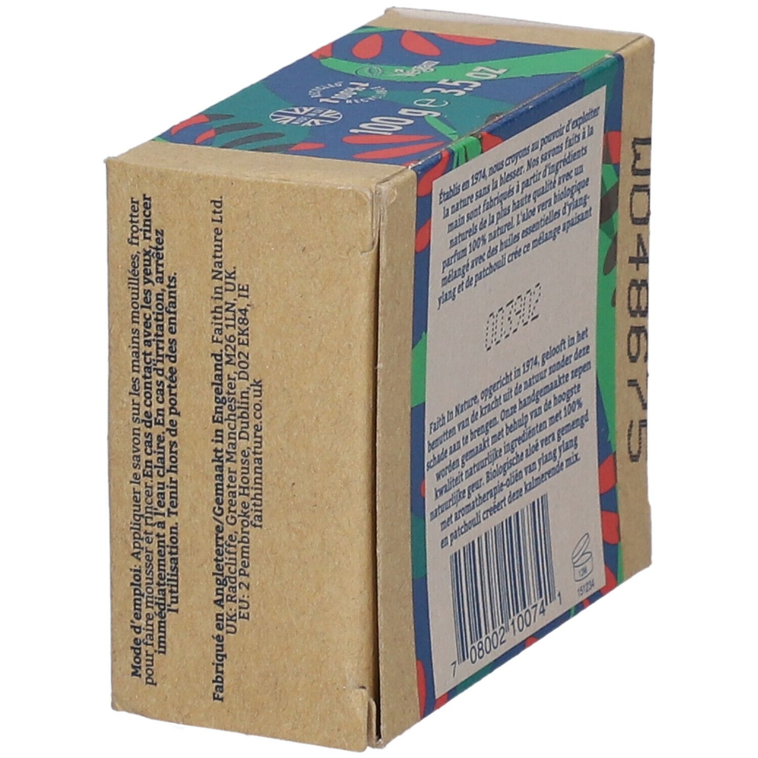 Kartonverpackung mit Produktinformationen. Aufschrift: FAITH IN NATURE Aloe Vera Savon/Zeep. Text in mehreren Sprachen.