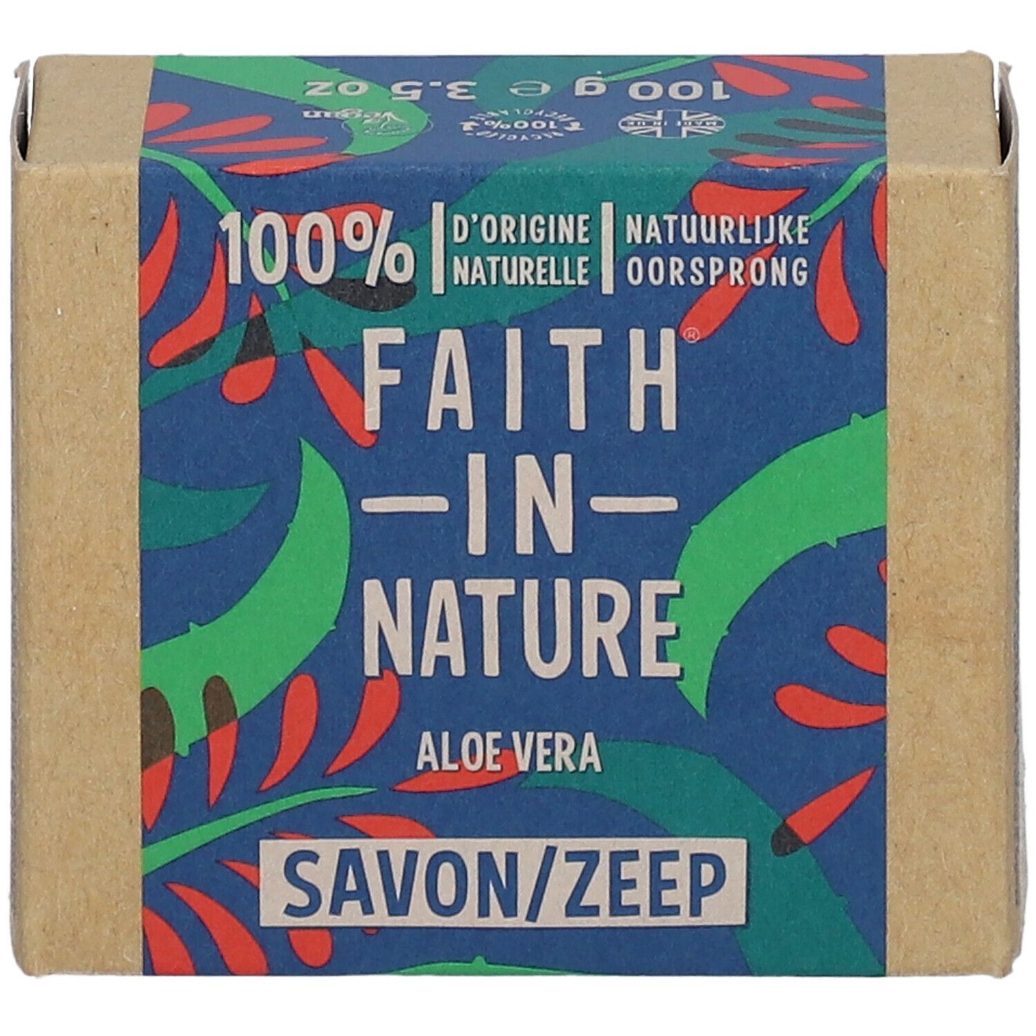 Draufsicht auf eine Kartonverpackung. Aufschrift: FAITH IN NATURE Aloe Vera Savon/Zeep. 100% D'origine naturelle.