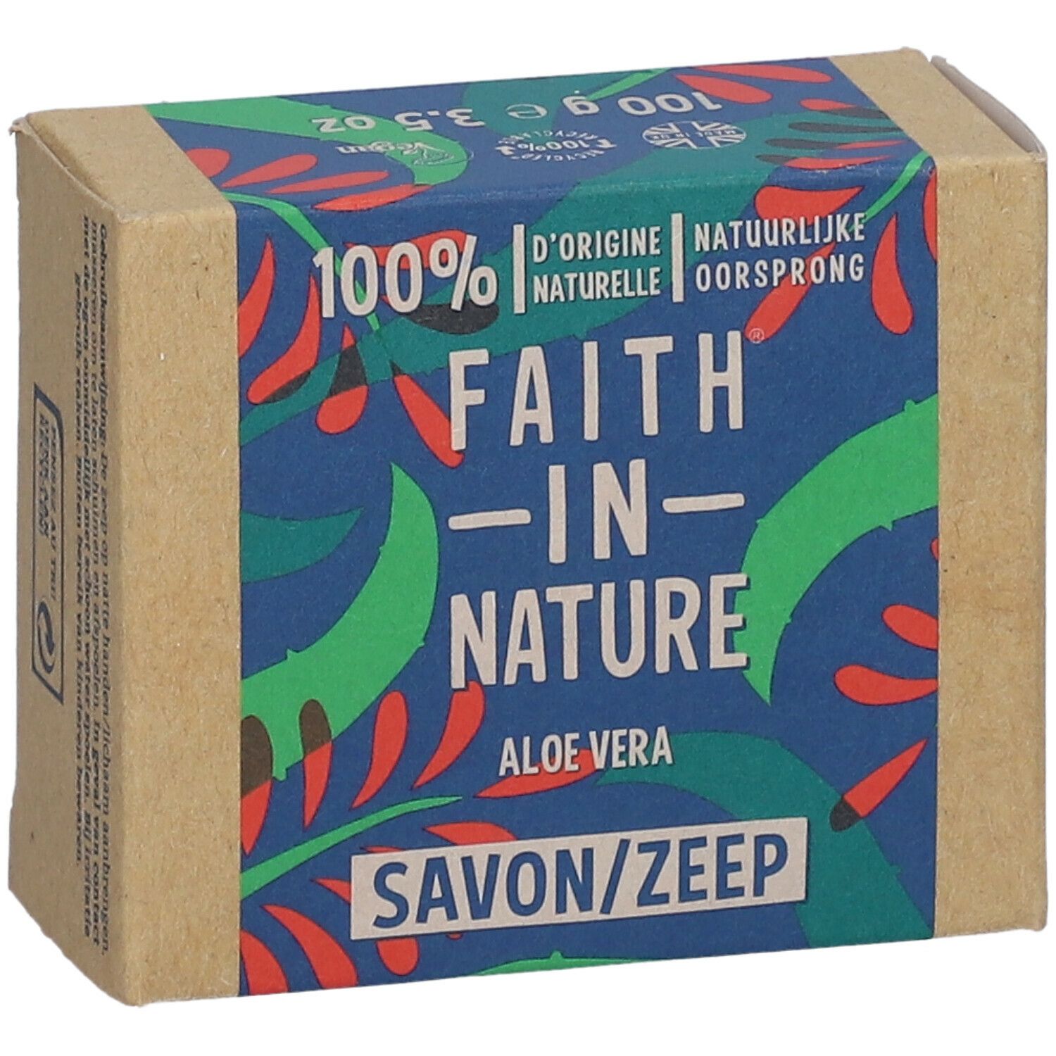 Draufsicht auf eine Kartonverpackung. Aufschrift: FAITH IN NATURE Aloe Vera Savon/Zeep. 100% D'origine naturelle.