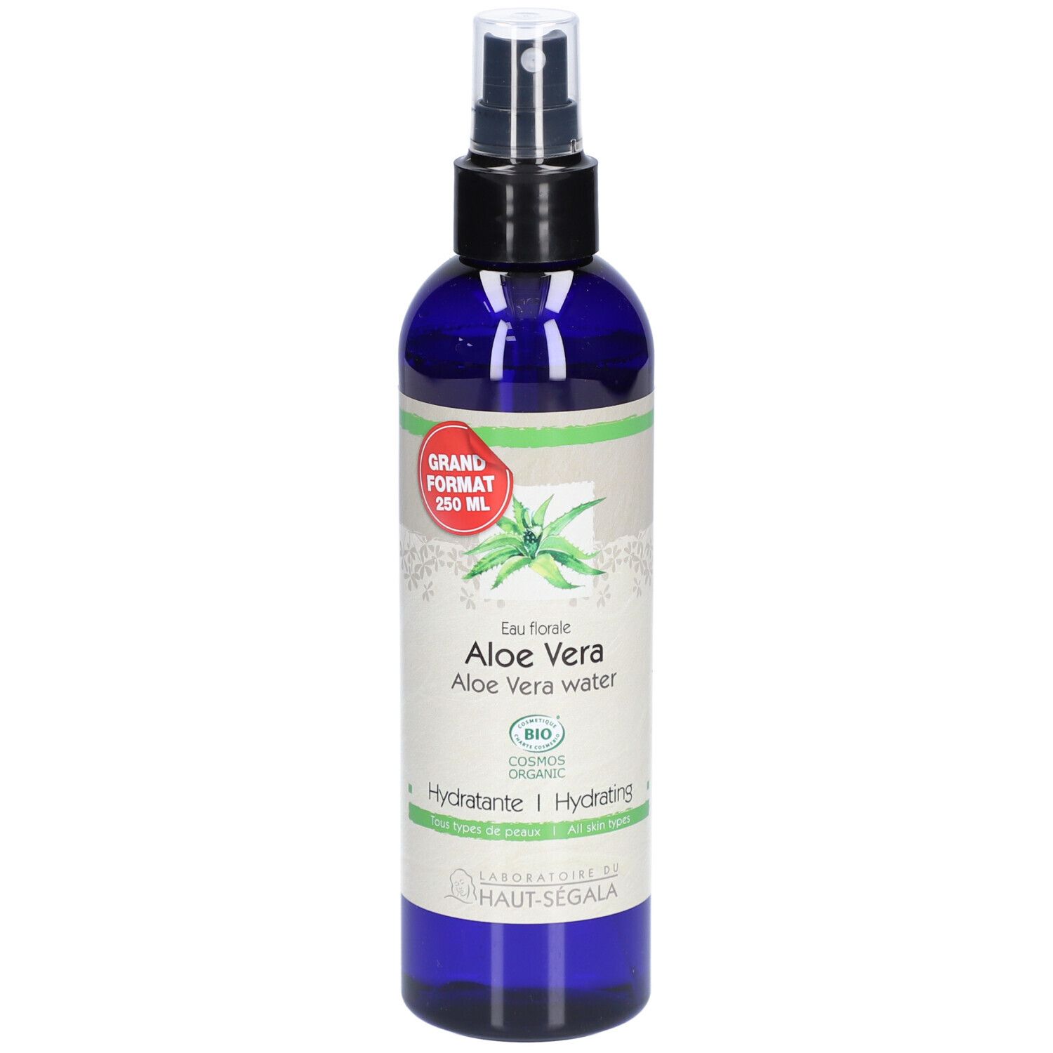 Blaue Flasche mit Zerstäuber. Aufschrift: Aloe Vera, 250 ml, Hydratante. Bio-Zertifizierung.