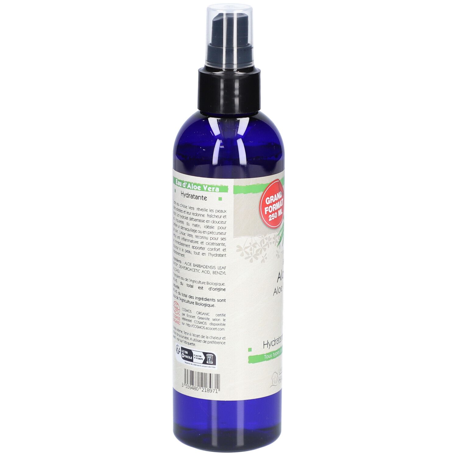 Rückseite der blauen Flasche mit Zerstäuber. Text: Aloe Vera Water, Hydratante. Bio-Zertifizierung.