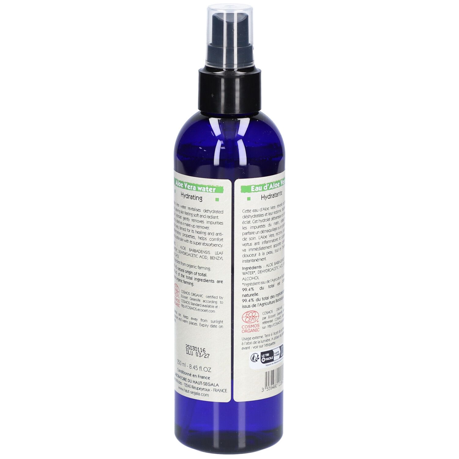 Rückseite der blauen Flasche mit Zerstäuber. Text: Aloe Vera Water, Hydratante. Bio-Zertifizierung.