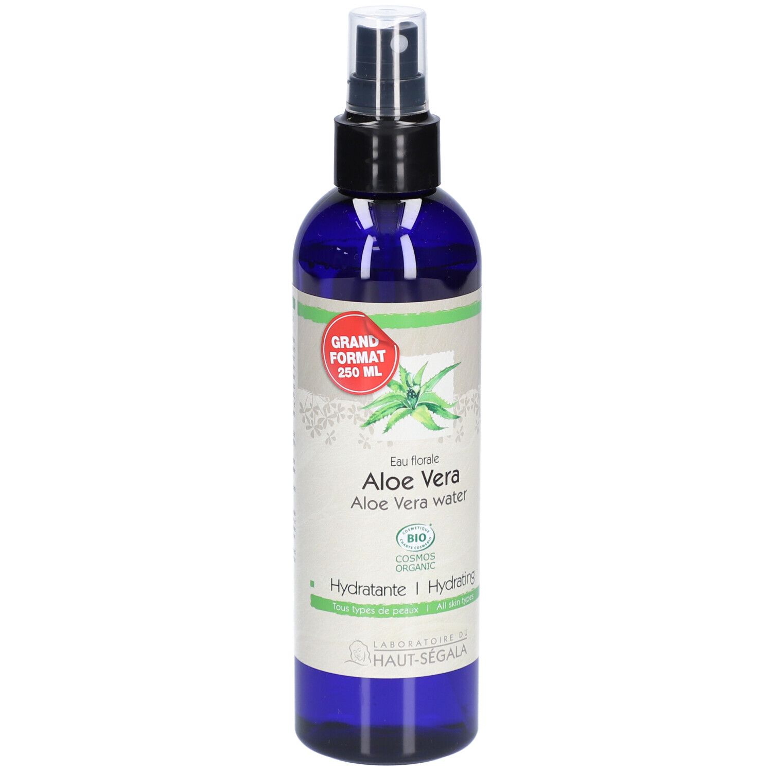 Blaue Flasche mit Zerstäuber. Aufschrift: Aloe Vera, 250 ml, Hydratante. Bio-Zertifizierung.