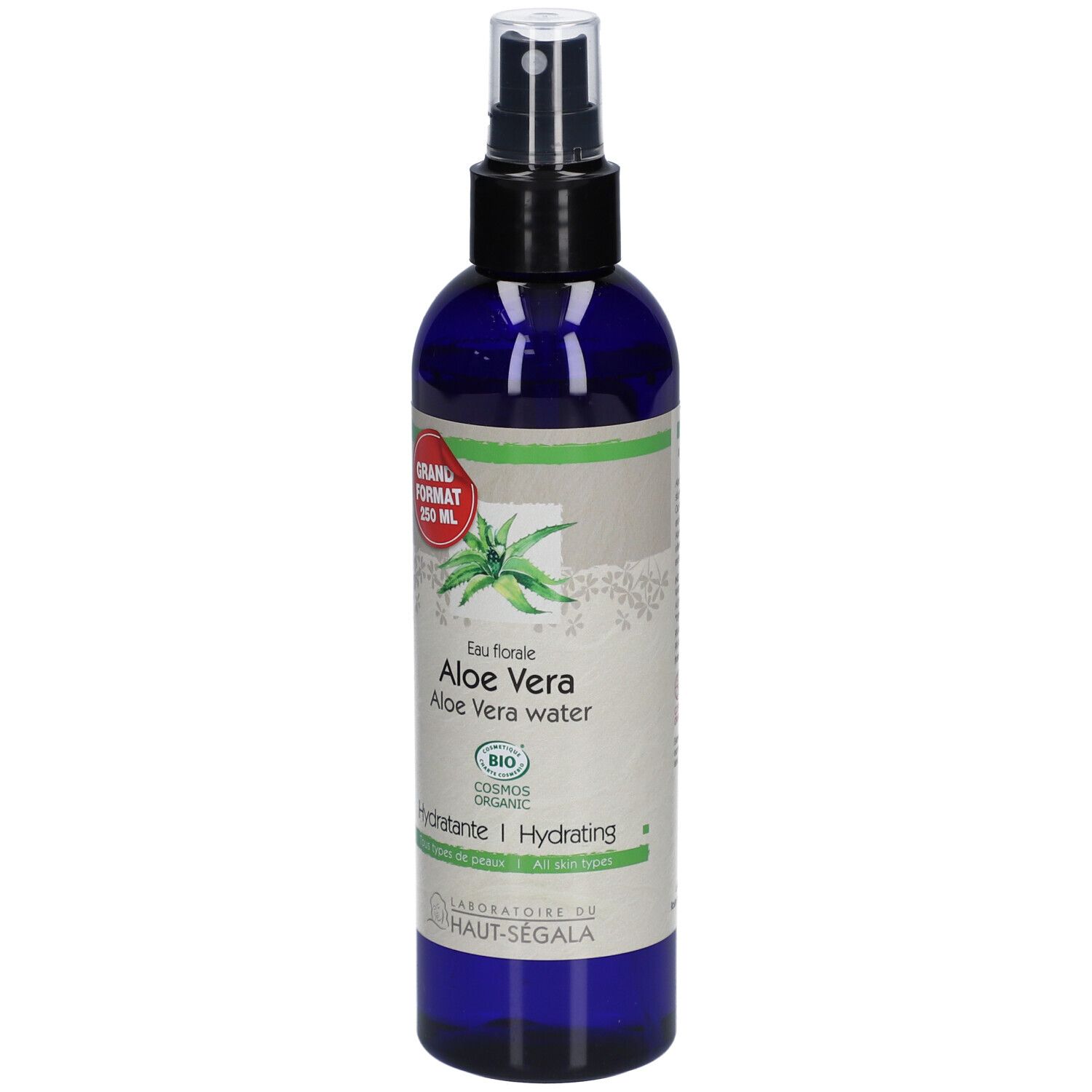 Blaue Flasche mit Zerstäuber. Aufschrift: Aloe Vera, 250 ml, Hydratante. Bio-Zertifizierung.