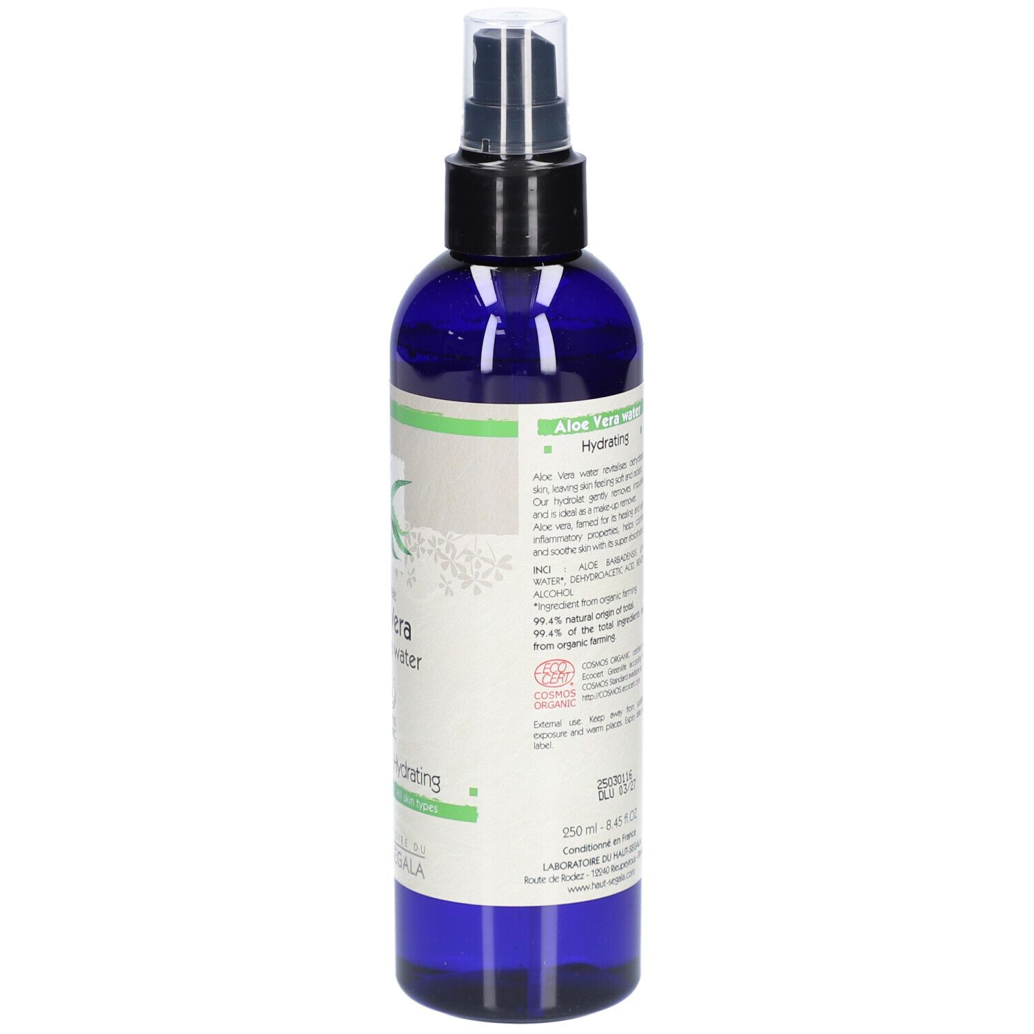 Rückseite der blauen Flasche mit Zerstäuber. Text: Aloe Vera Water, Hydratante. 250 ml. Bio-Zertifizierung.