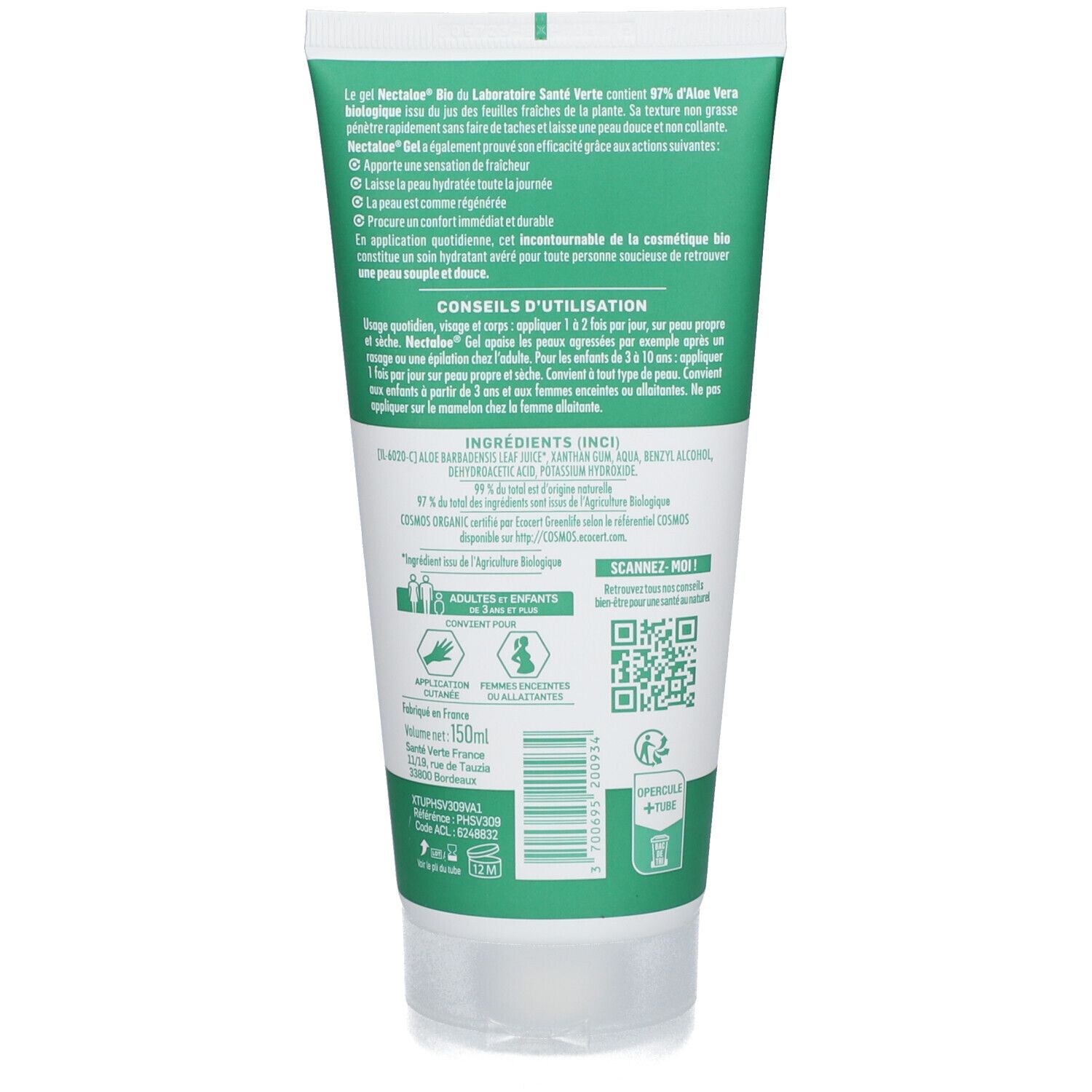 Rückseite der grünen Tube SANTE VERTE NECTALOE® Gel. Text, Inhaltsstoffe, Anwendungshinweise. 50ml. Bio-Siegel, QR-Code.