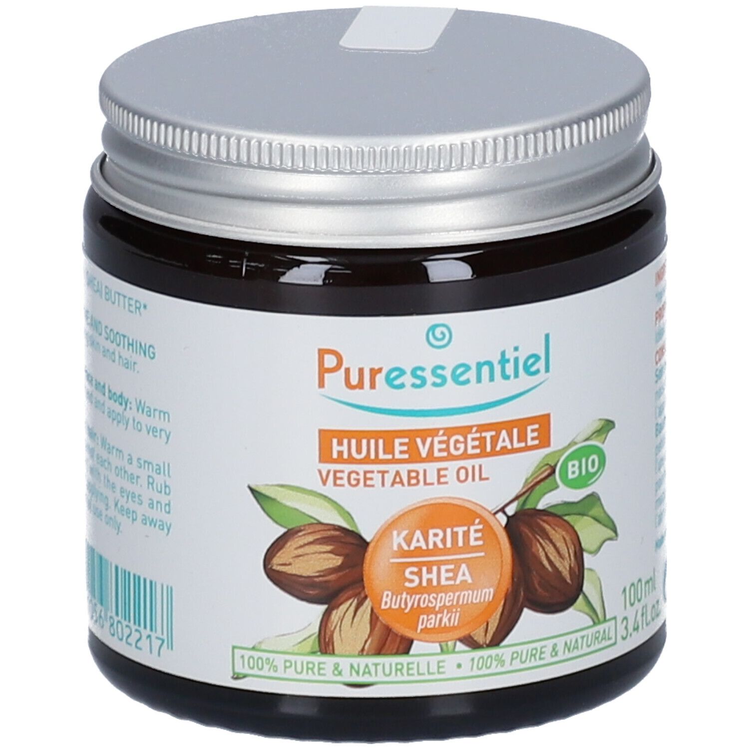 Braune Glasdose mit silbernem Deckel. Aufschrift: Puressentiel, Huile Végétale, Karité Shea, Bio. 100ml.