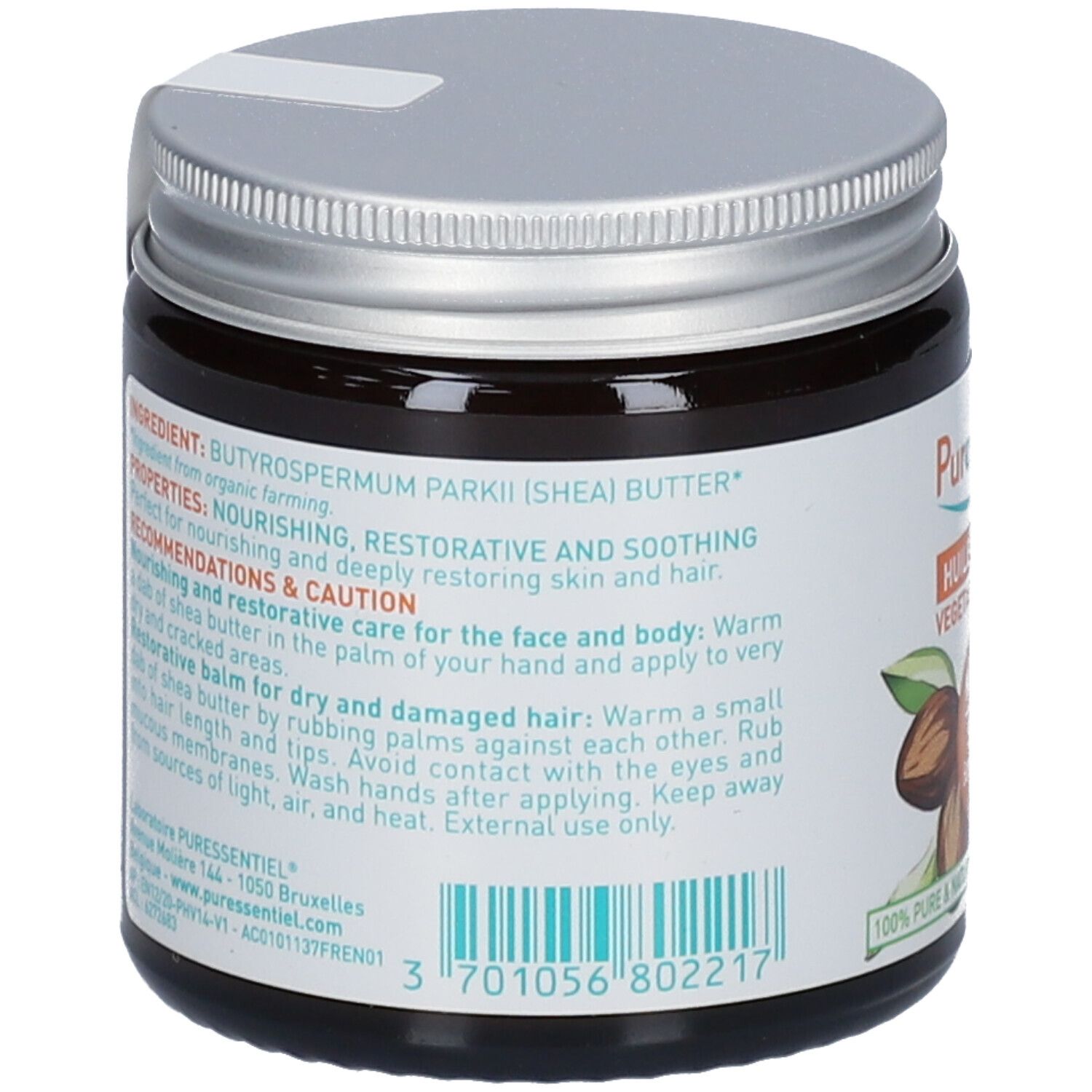 Rückseite einer braunen Glasdose mit silbernem Deckel. Text: Inhaltsstoffe, Eigenschaften, Empfehlungen, Vorsichtsmaßnahmen. Barcode.