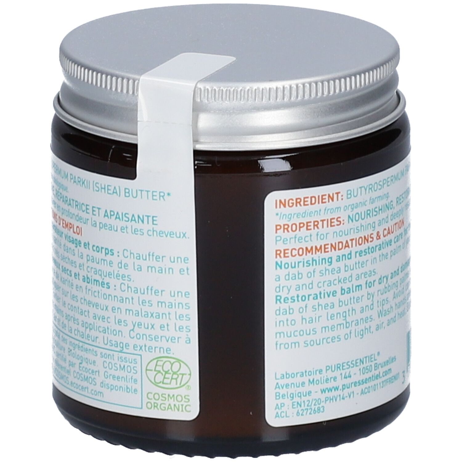 Rückseite einer braunen Glasdose mit silbernem Deckel. Text: Inhaltsstoffe, Eigenschaften, Empfehlungen, Vorsichtsmaßnahmen. Cosmos Organic.