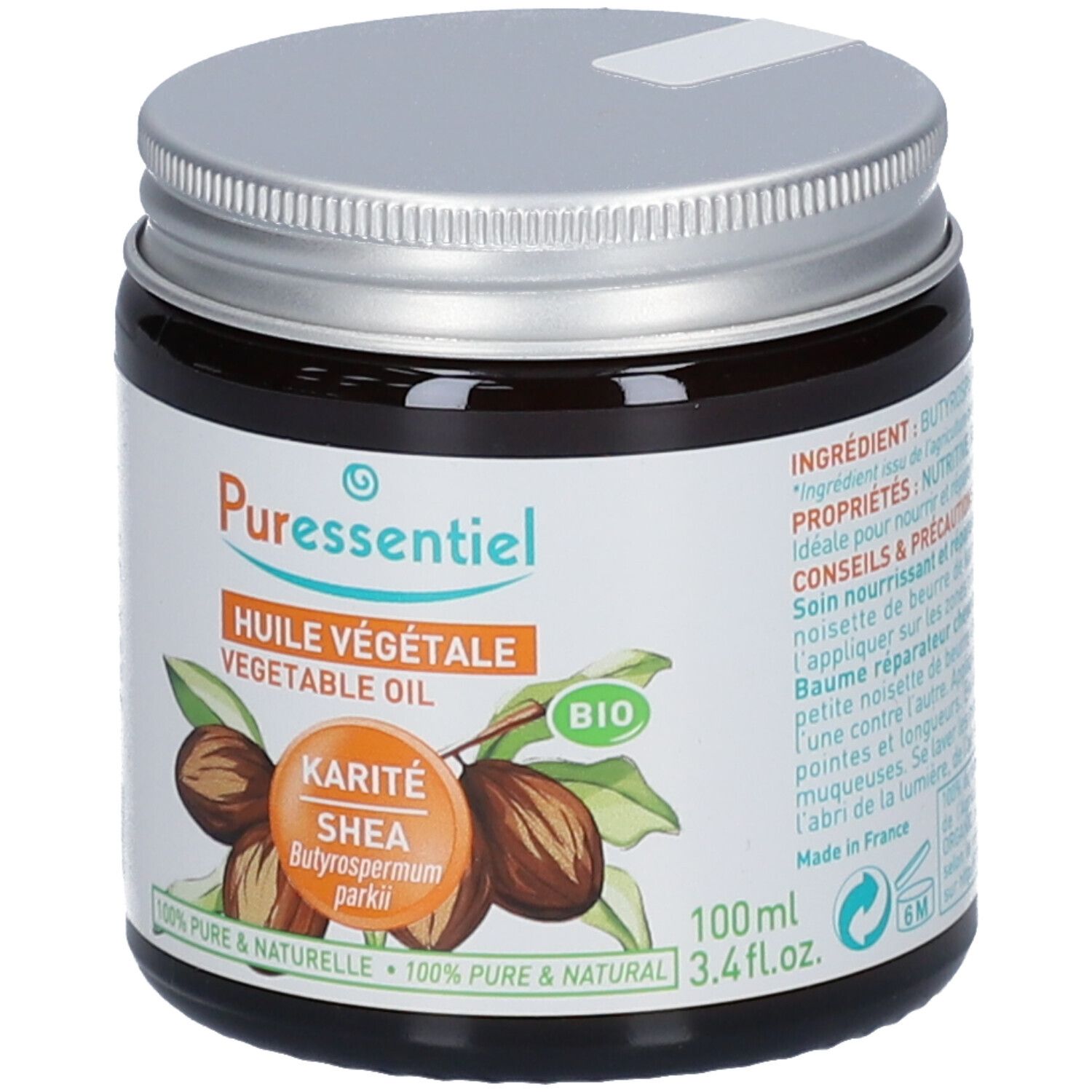 Braune Glasdose mit silbernem Deckel. Aufschrift: Puressentiel, Huile Végétale, Karité Shea, Bio. 100ml, 3.4 fl.oz.