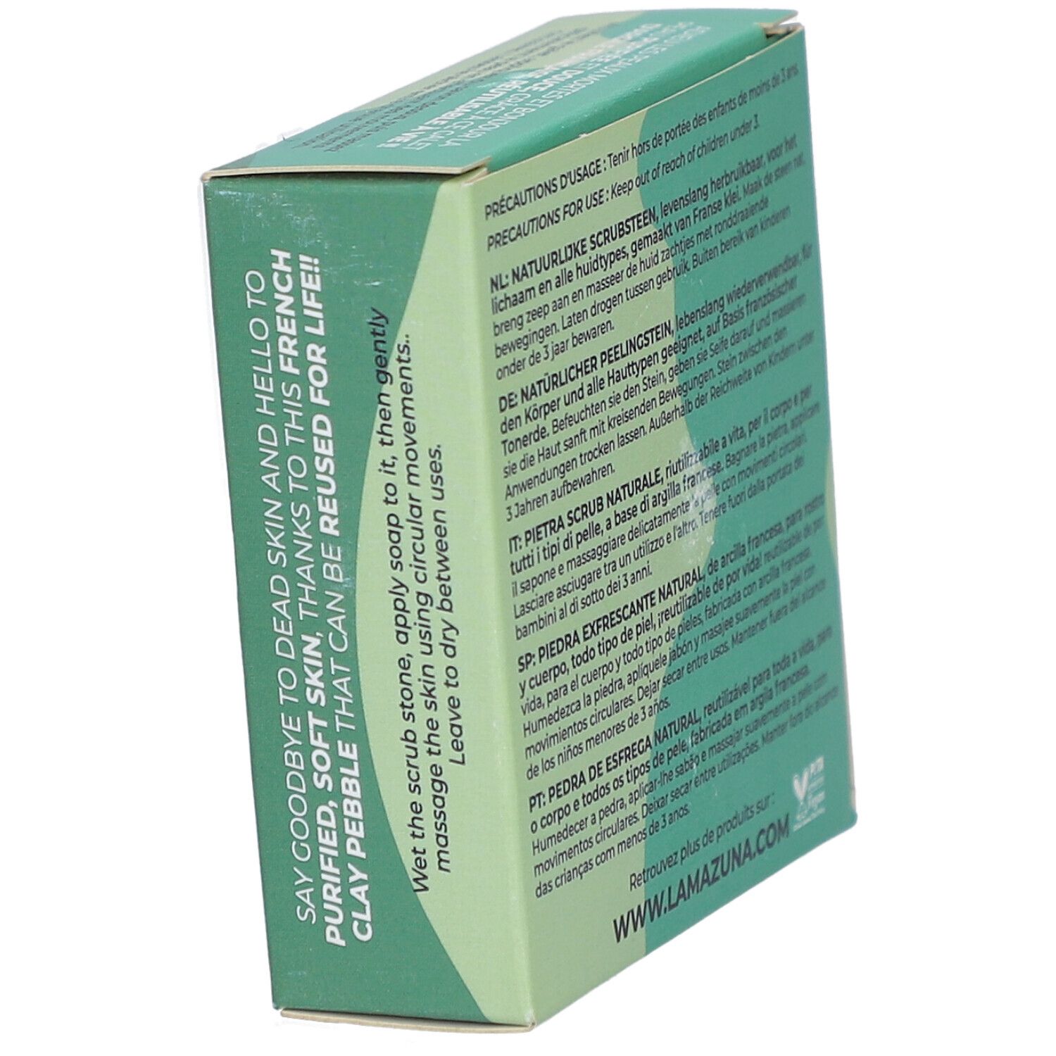 Grüne Verpackung, schräg. Text: Vorsichtsmaßnahmen, Gebrauchsanweisung, Herstellerinformationen. Website-Adresse: www.lamazuna.com.