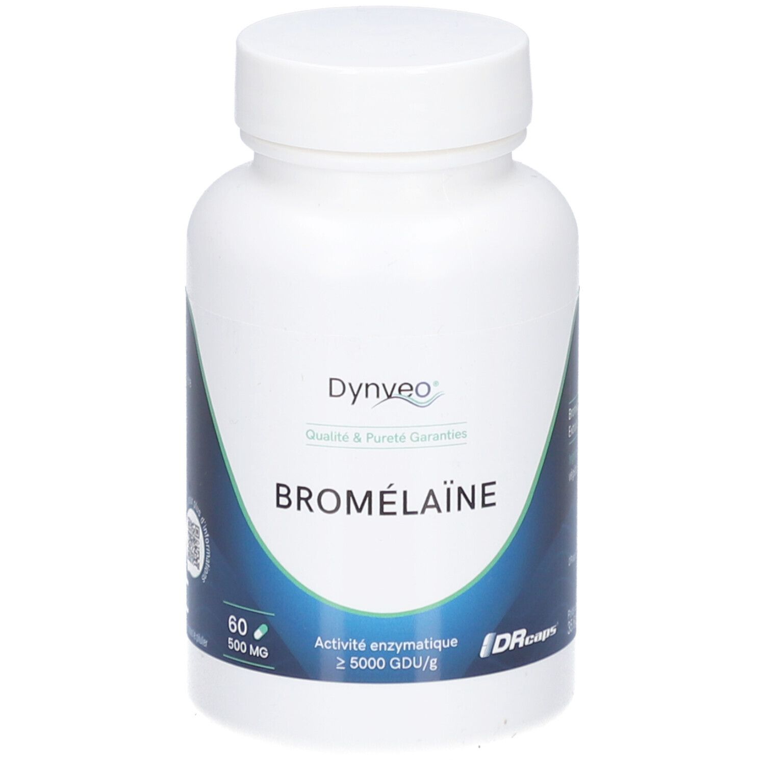 Weiße Flasche mit Kapseln. Aufschrift: DYNVEO, BROMÉLAÏNE, 60 Kapseln, 500 mg. Enzymatische Aktivität ≥ 5000 GDU/g.