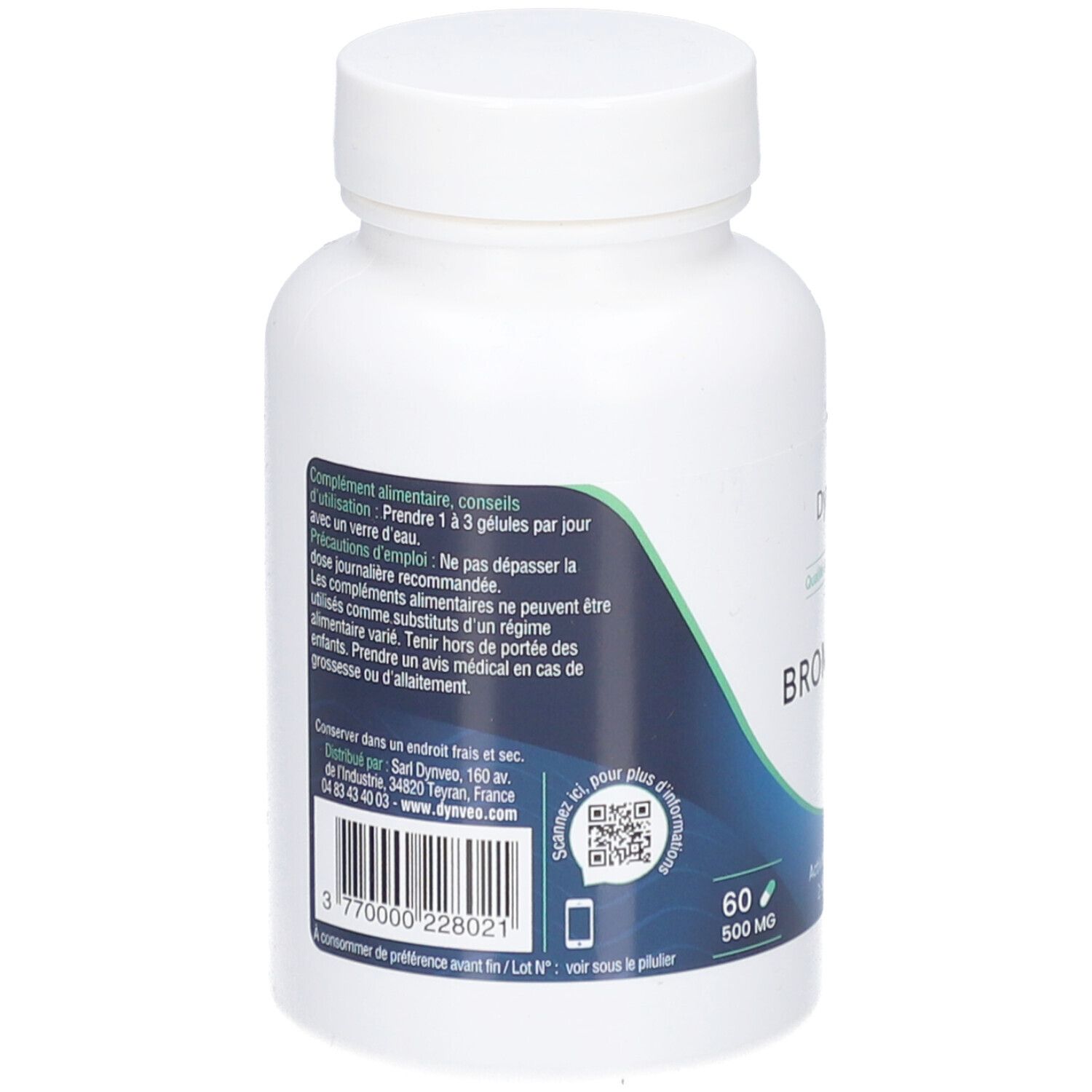 Rückseite der weißen Flasche. Text: Nahrungsergänzungsmittel. QR-Code und Barcode. 60 Kapseln, 500 mg.