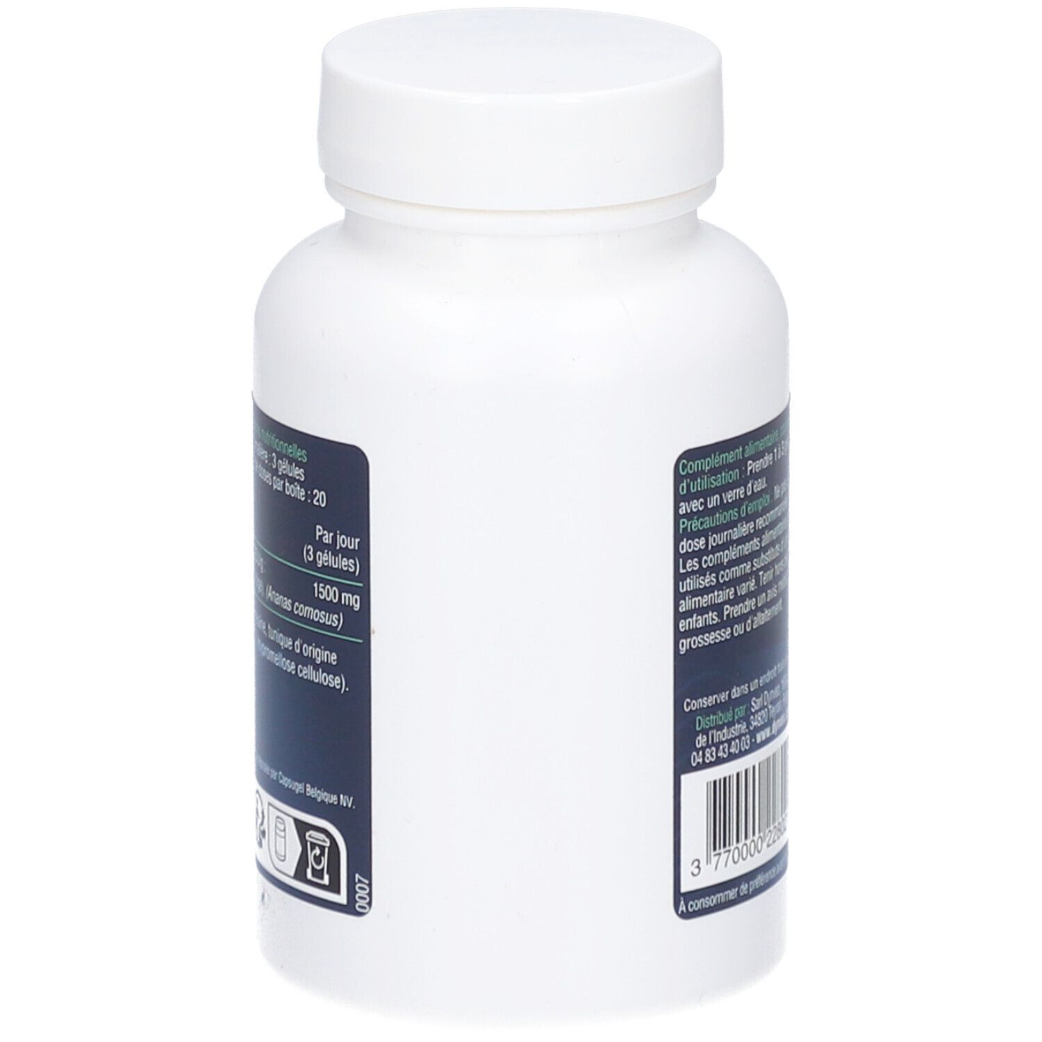 Weiße Flasche, Seitenansicht. Text: Nahrungsergänzungsmittel. 3 Kapseln pro Tag. 1500 mg Bromelain.