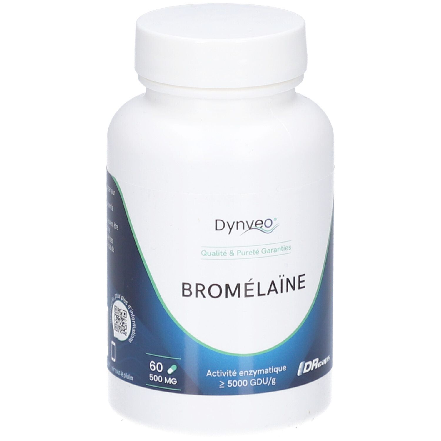 Weiße Flasche mit Kapseln. Aufschrift: DYNVEO, BROMÉLAÏNE, 60 Kapseln, 500 mg. Enzymatische Aktivität ≥ 5000 GDU/g.
