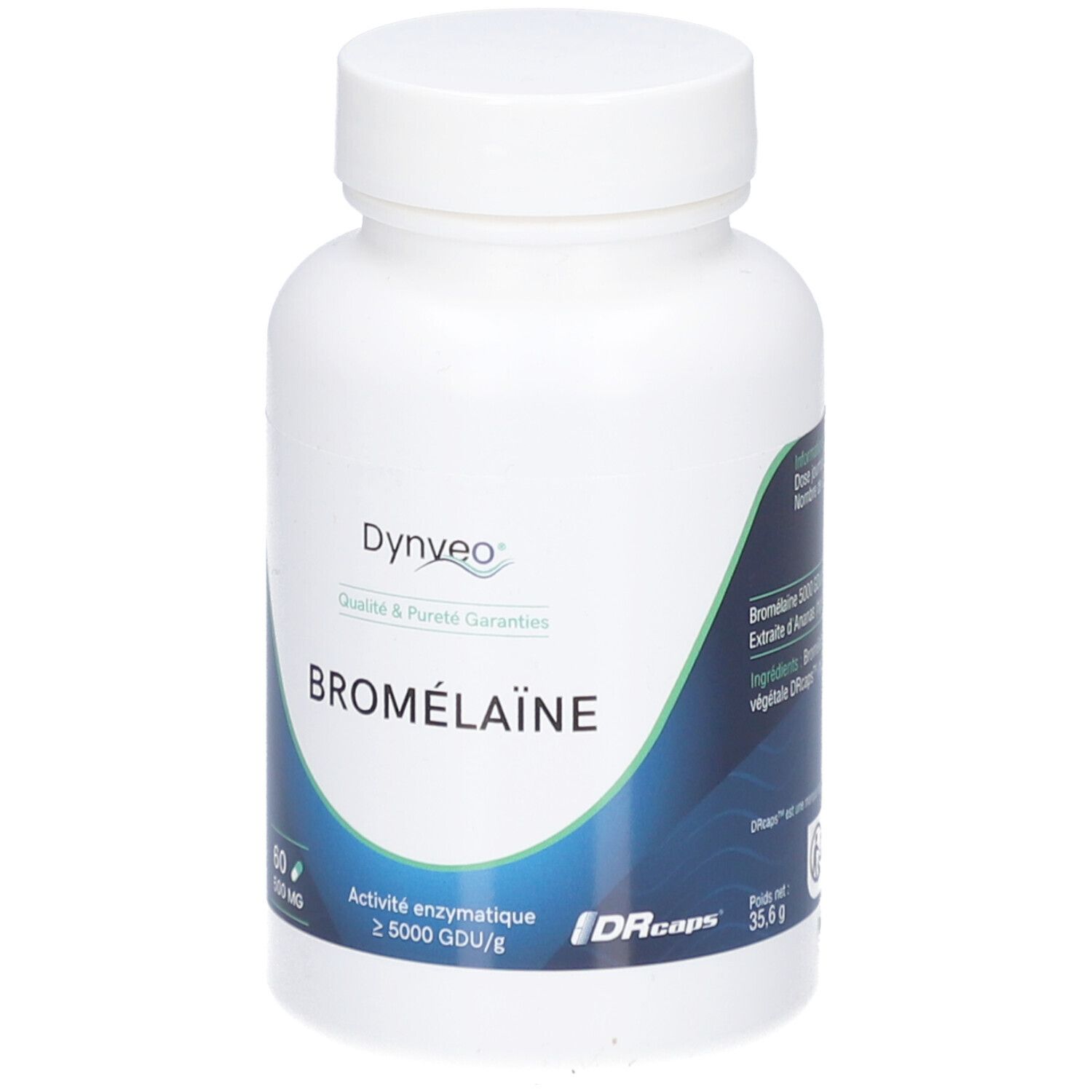 Weiße Flasche mit Kapseln. Aufschrift: DYNVEO, BROMÉLAÏNE, 60 Kapseln, 500 mg. Enzymatische Aktivität ≥ 5000 GDU/g. Gewicht: 35,6 g.